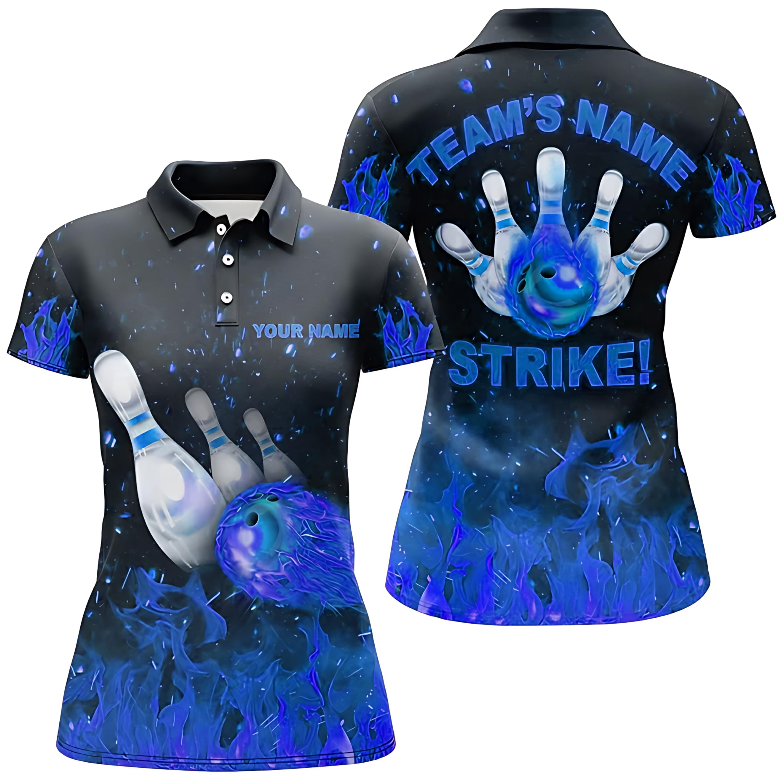 Personalized Bowling Shirt for Women, Flame Design, Strike Polo Bowling Shirt for Teams, Women's Bowling Jersey B152