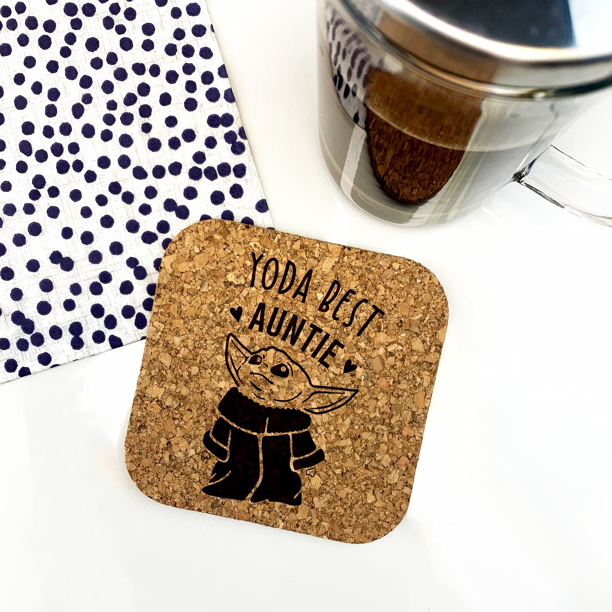 eBuyGB Personalised Square Cork Coaster, Eco-Friendly Engraved Baby Yoda Coaster, Star Wars Themed Drinks Mat, Funny Gifts for Aunt, Aunty (Yoda Best Auntie)