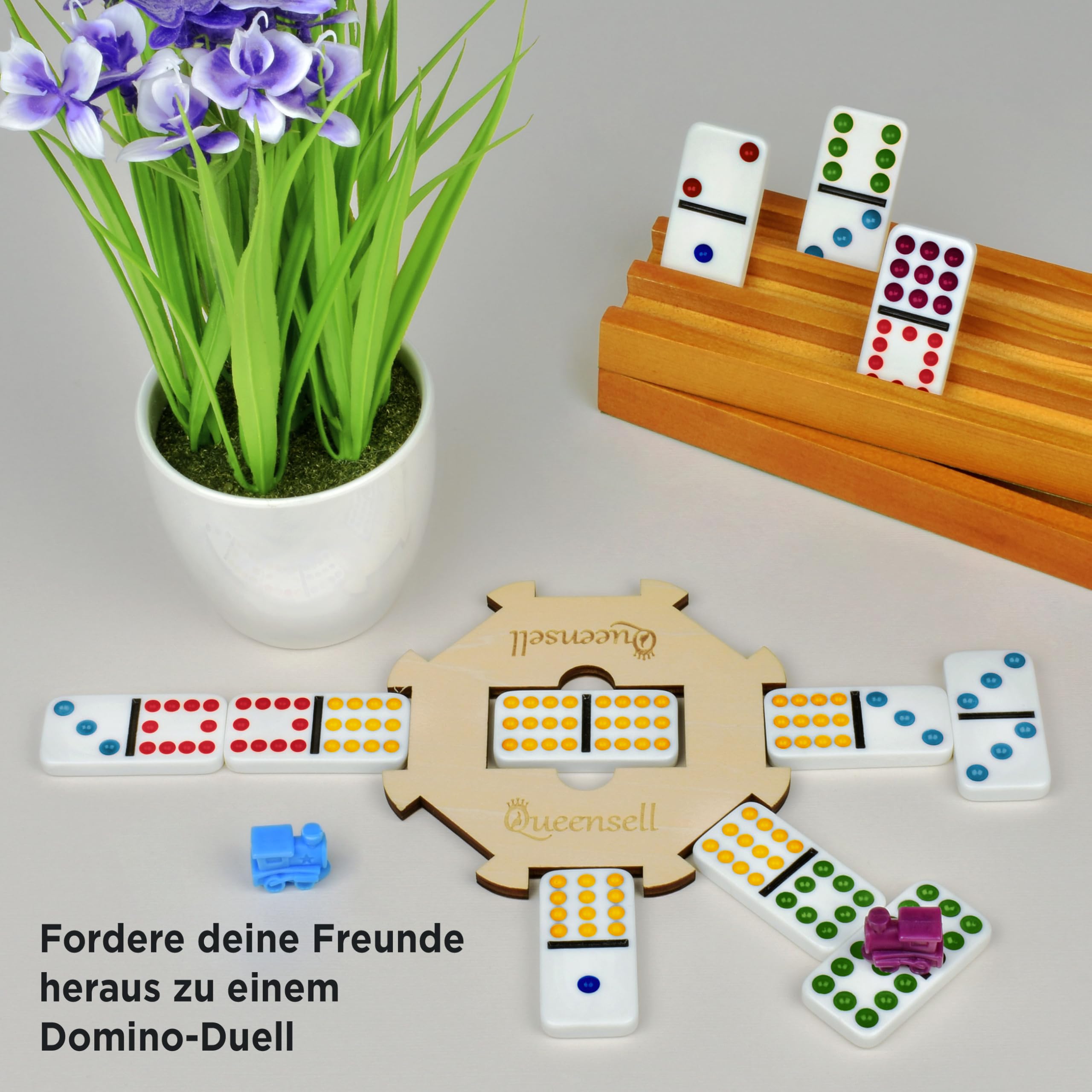 Queensell Mexican Train Domino-Set mit Holzmittelstück, Domino-Brettspiele – Doppel-12 Domino-Set für Familienspieleabende für Erwachsene und Kinder ab 8 Jahren