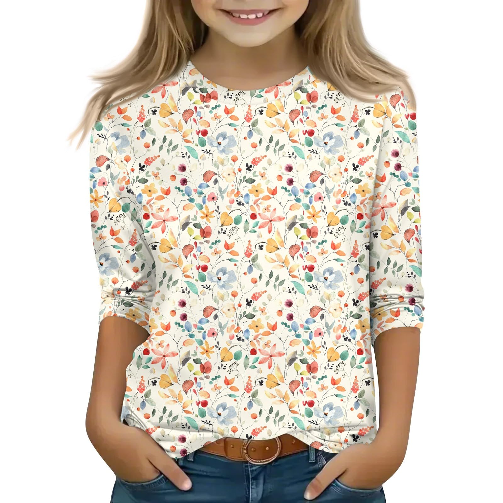 Cute Tops for Girls Summer 3/4 Sleeve Round Neck Cute Going Out Outfits Floral Print Half Sleeve Outfits 3-14 Years
