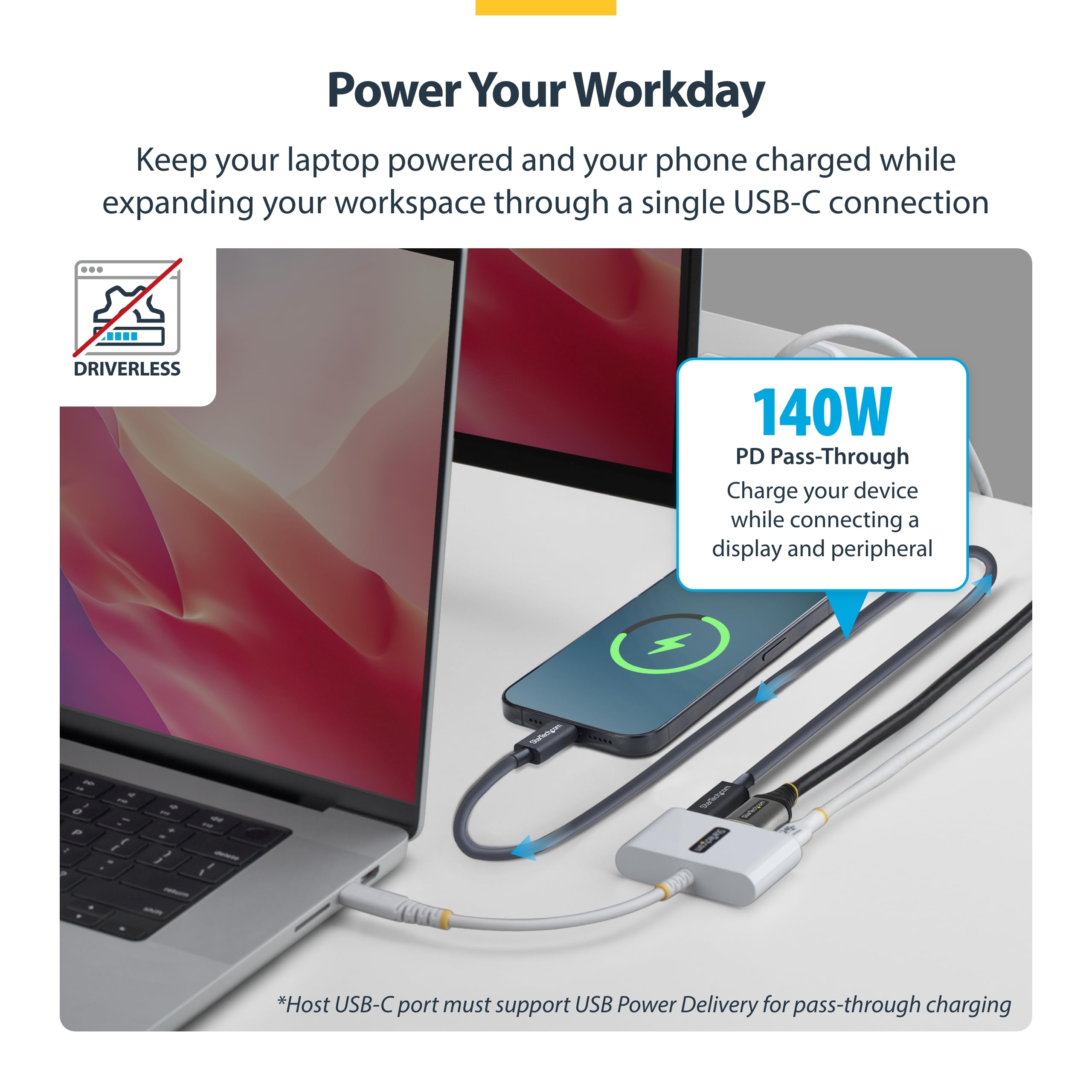 StarTech Wieloportowy adapter USB C na HDMI 3 w 1 z ładowaniem PD 140 W, HDMI 4K 60 Hz, koncentrator USB 5 Gb/s, Power Delivery 3.2, mini stacja dokująca do MacBooka, Della, Thinkpada, HP/iPada