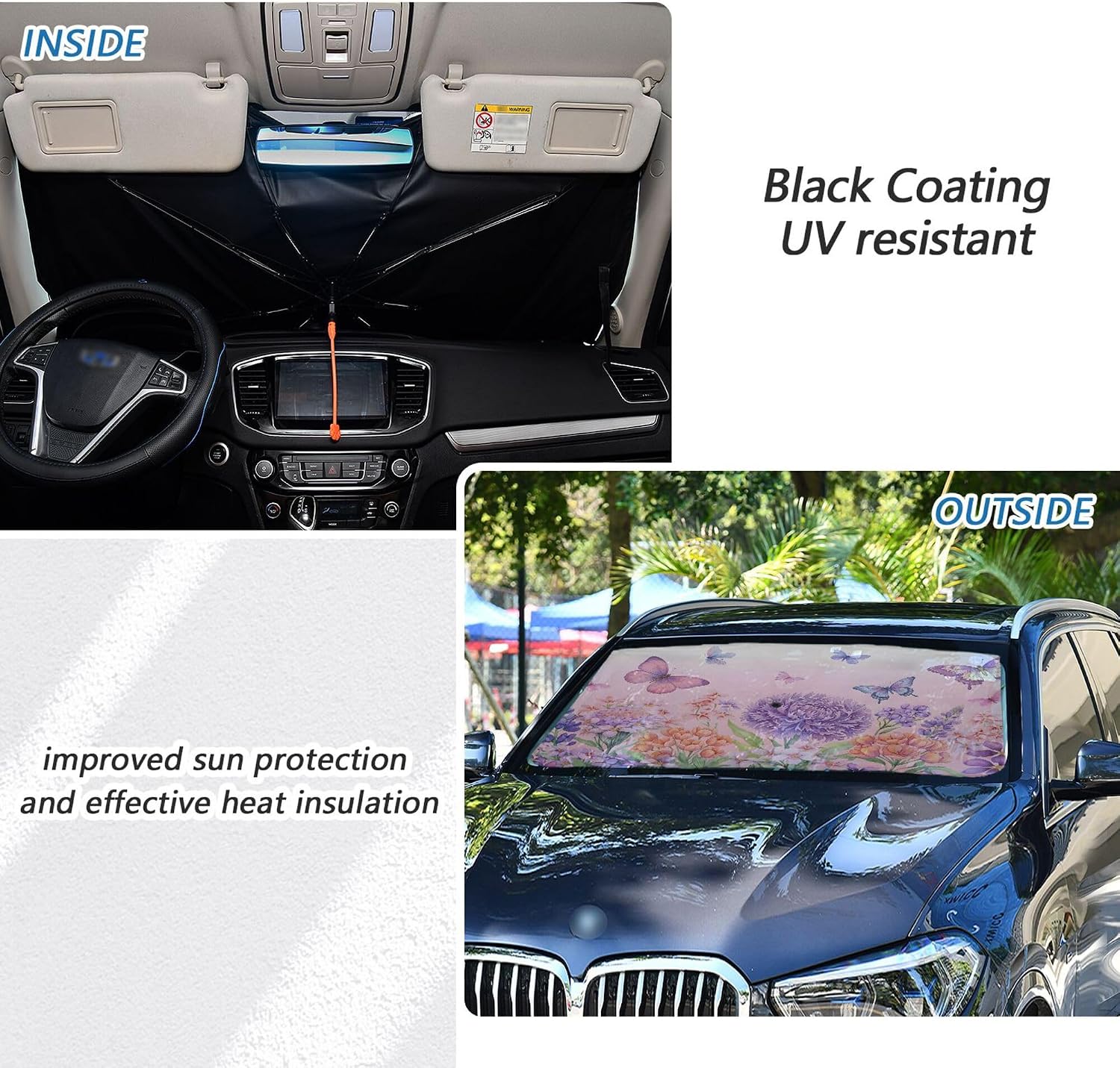 Car Umbrella Sun Shade Cover, Purple Butterfly Umbrella Sun Shade for Car Truck Window Front Windshield, Blocks UV Rays Sun Visor Protector Sun Heat Reflector to Keep Your Vehicle Cool