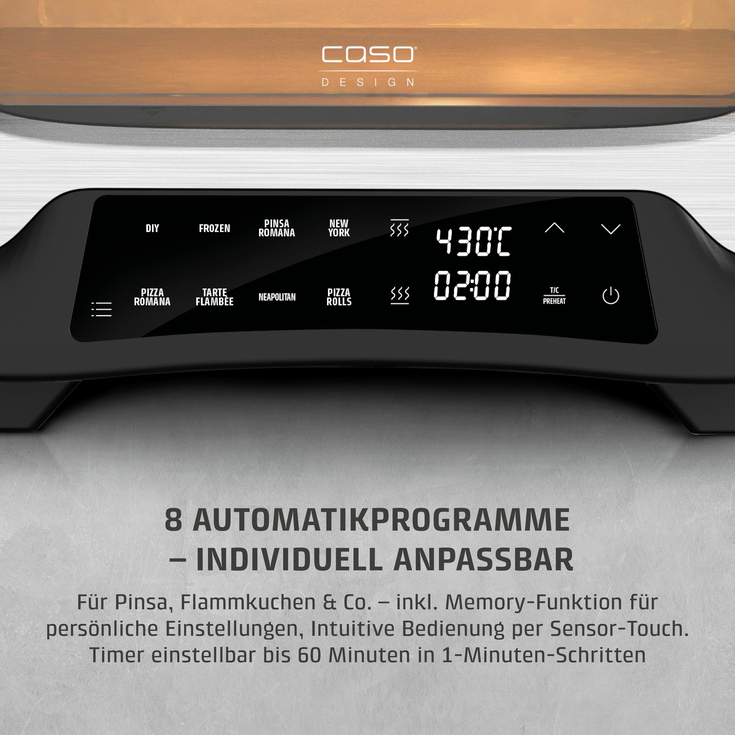 CASO PizzaChef 430° - elektrischer Pizzaofen, 80-430°C, mit Pizzastein | 8 Automatikprogramme, Cordierit Pizzastein (33x33cm), einstellbare Heizelemente, Innenraumbeleuchtung, Timer, Edelstahl