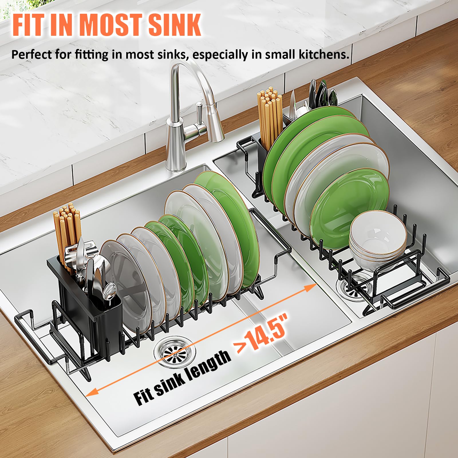 Piccolo scolapiatti telescopico sopra il lavello, scolapiatti con vassoio in silicone per scolapiatti per lavello da cucina e piano di lavoro organizer per stoviglie
