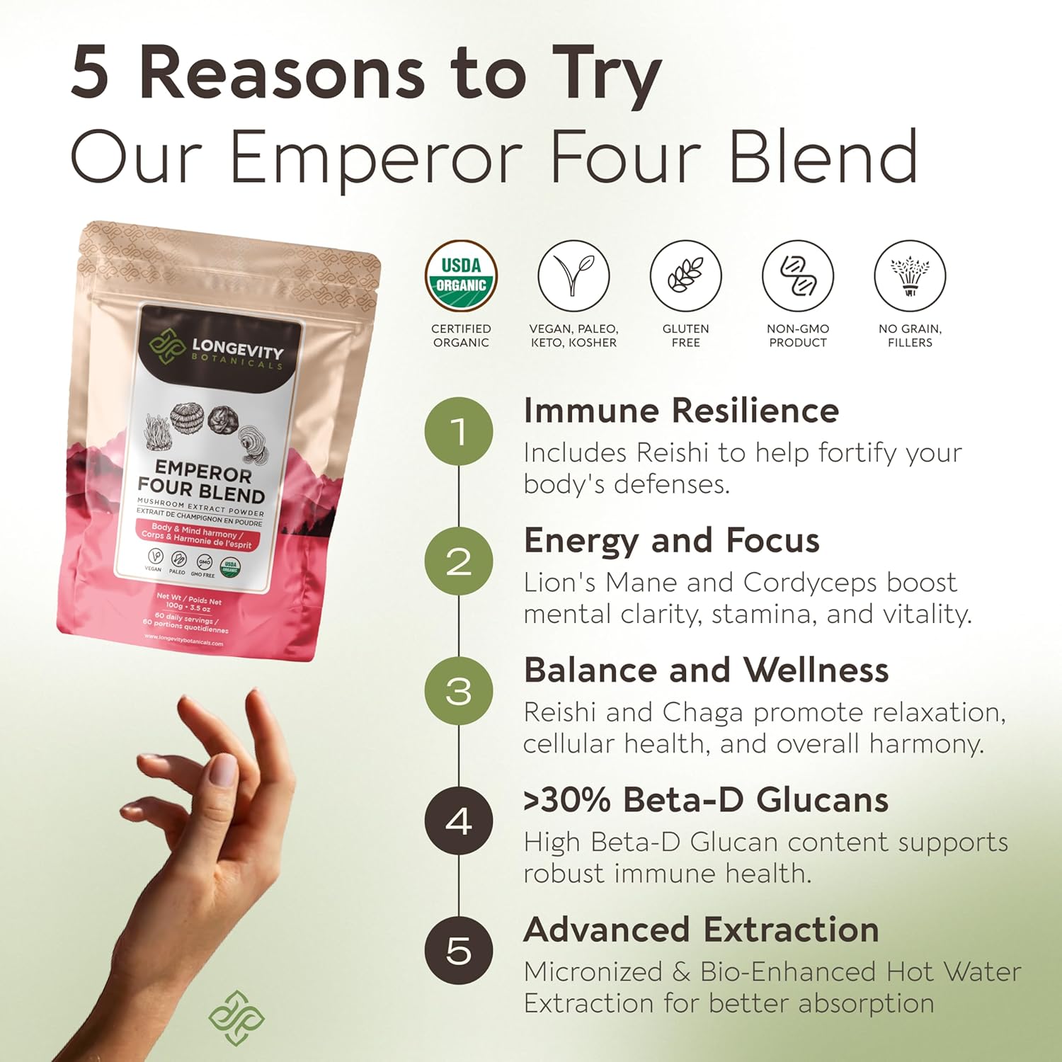 Organic Emperor 4 Powder Mushroom Blend Supplement 100g | Fruiting Body Extract Complex | With Lions Mane, Cordyceps, Chaga & Reishi | 20% Beta-D Glucans | Cognition, Immunity & Energy Support - Image 3