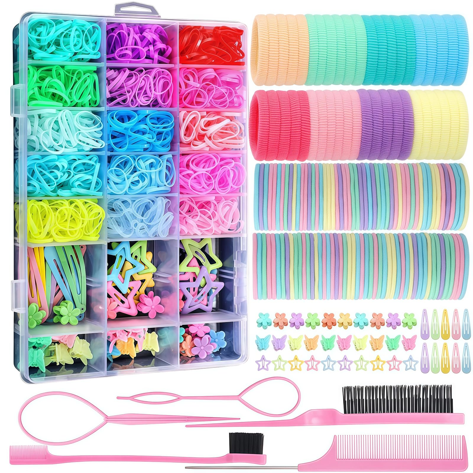 Vesavifaka Hair Accessories for Girls 1695 Pcs Toddler Hair Ties Elastic Hair Ties with Hair Clips Hair Tail Tools
