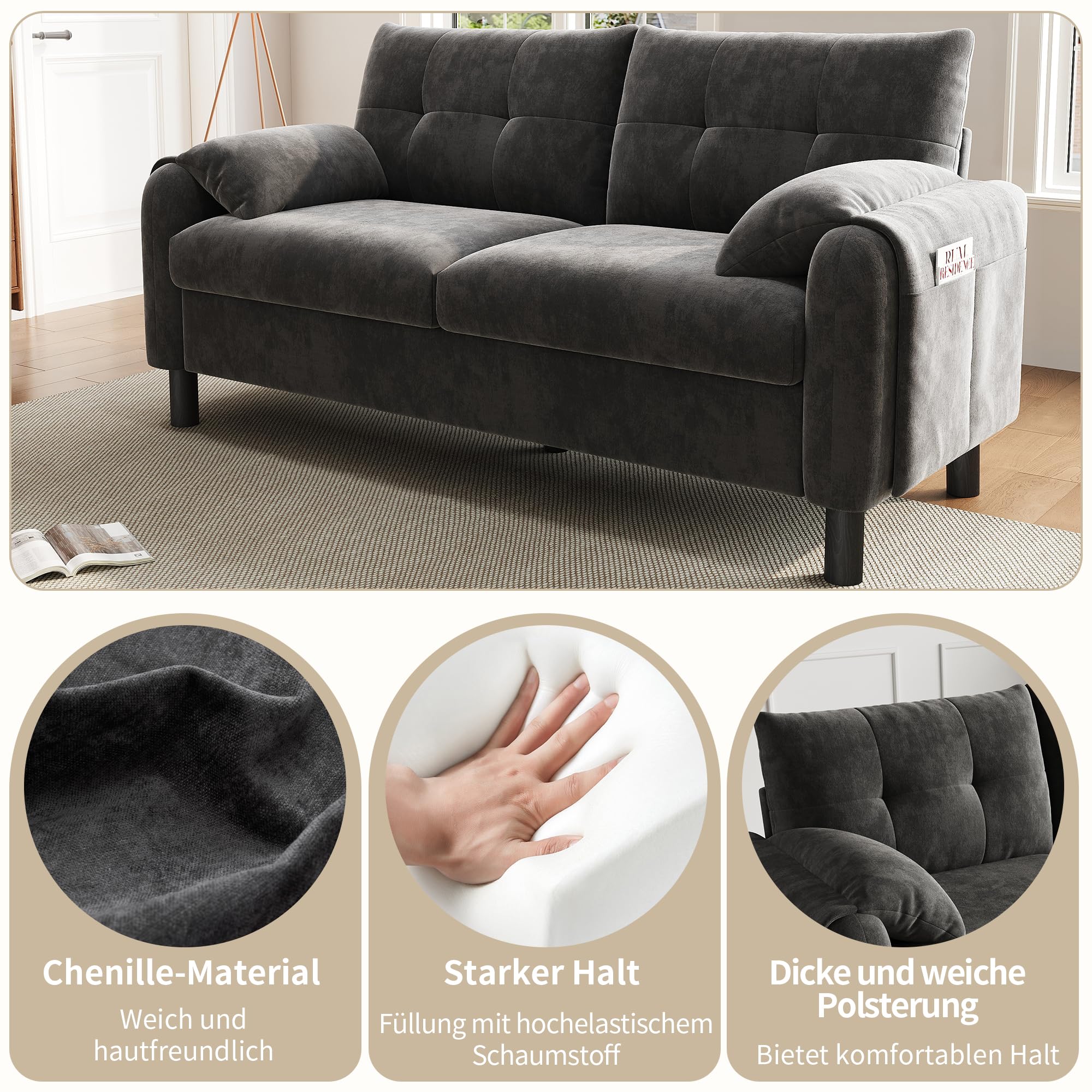 Lcoho Sofá moderno de 2 plazas, cómodo sofá tapizado de tela de chenilla con cojines gruesos, sofá acogedor para salón, dormitorio, apartamento pequeño, muebles tapizados en diseño escandinavo (gris)