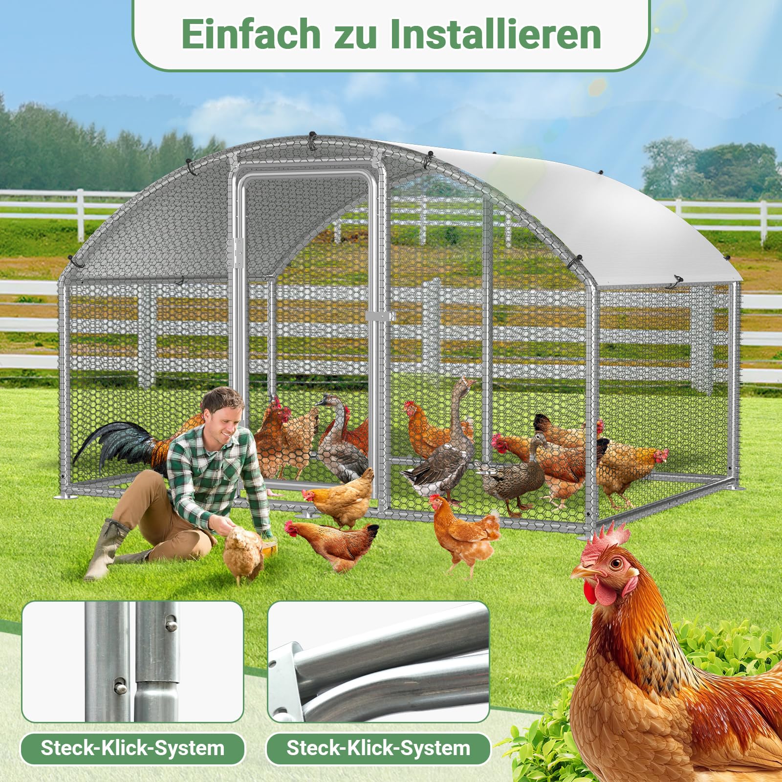 Hühnerstall Freilaufgehege,Freilaufgehege Kaninchen Verzinktem Stahl,Outdoor Hühnerhaus Dome Roof mit Schloss und Wasserdichtes PE Gewebe, für Hühner, Kleintiere & Pflanzen (3x8x2m)