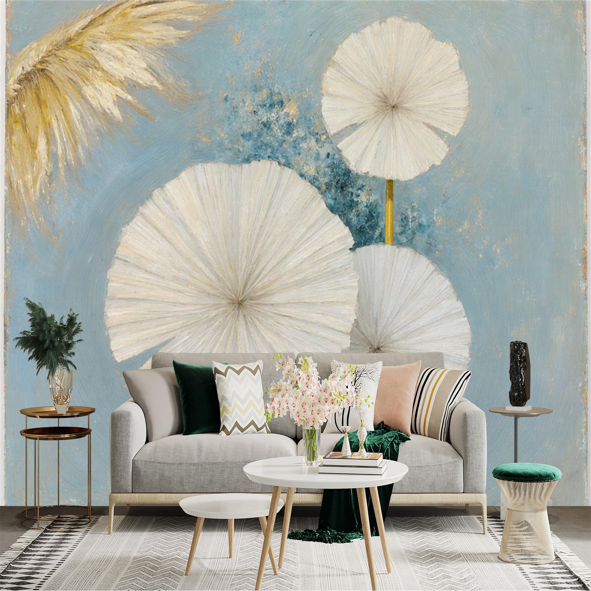 Custom Size Wall Sticker Mural， Abstract White Flowers with Feather Texture， Soft Blue Oil Painting Art， for wall Decoration， peelandstick wall Decals.