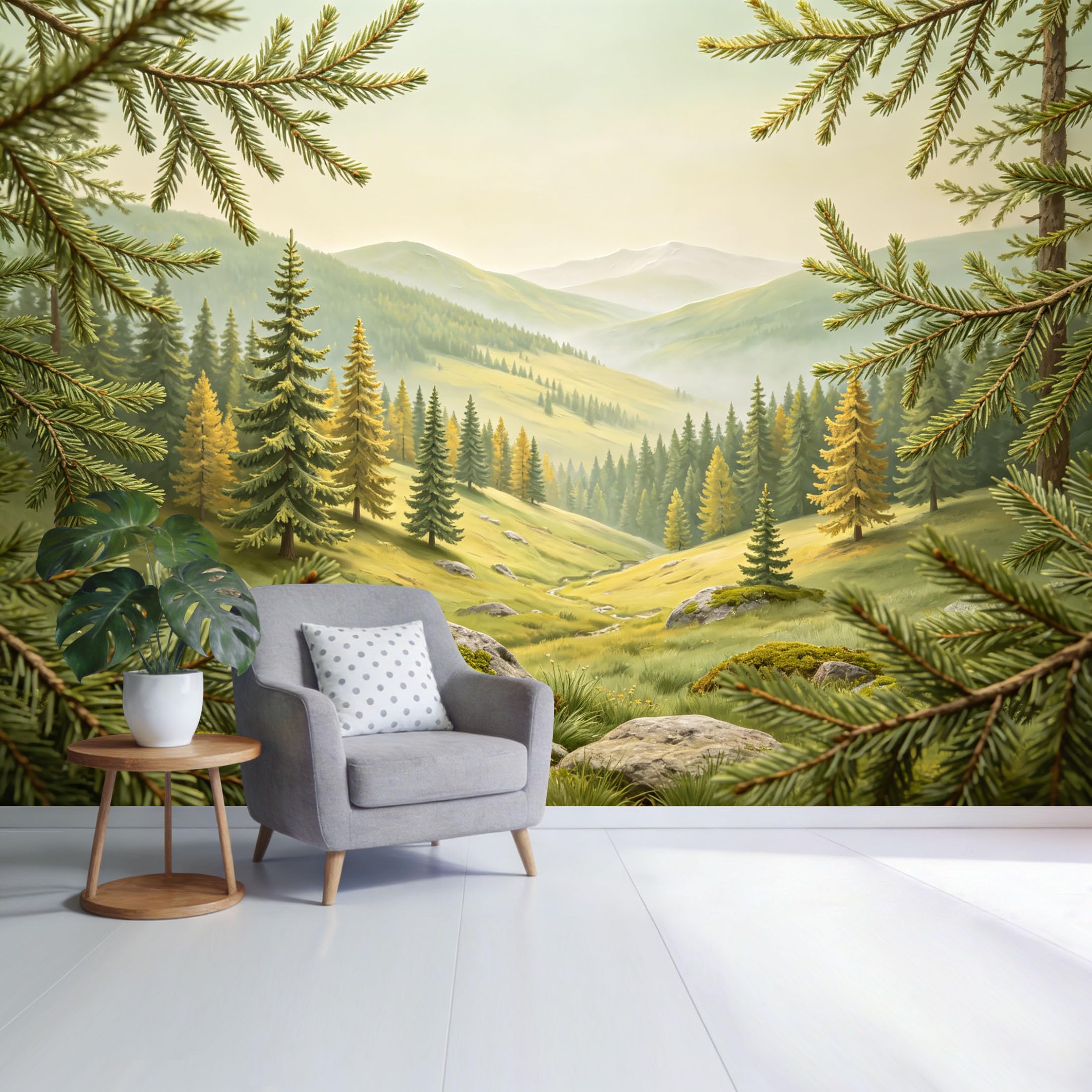 Custom Size Wall Mural Mountain Valley Forest Landscape Pine Tree Scenic View Nature Green Hills SelfAdhesive Wall Fabric Removable Wallpaper for Home Office Decor