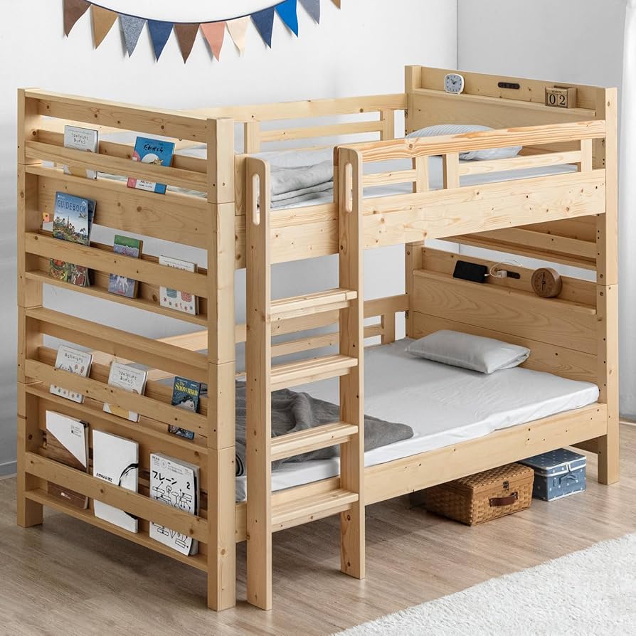 Amazon｜タンスのゲン 2段ベッド ブックシェルフ 宮棚 コンセント付