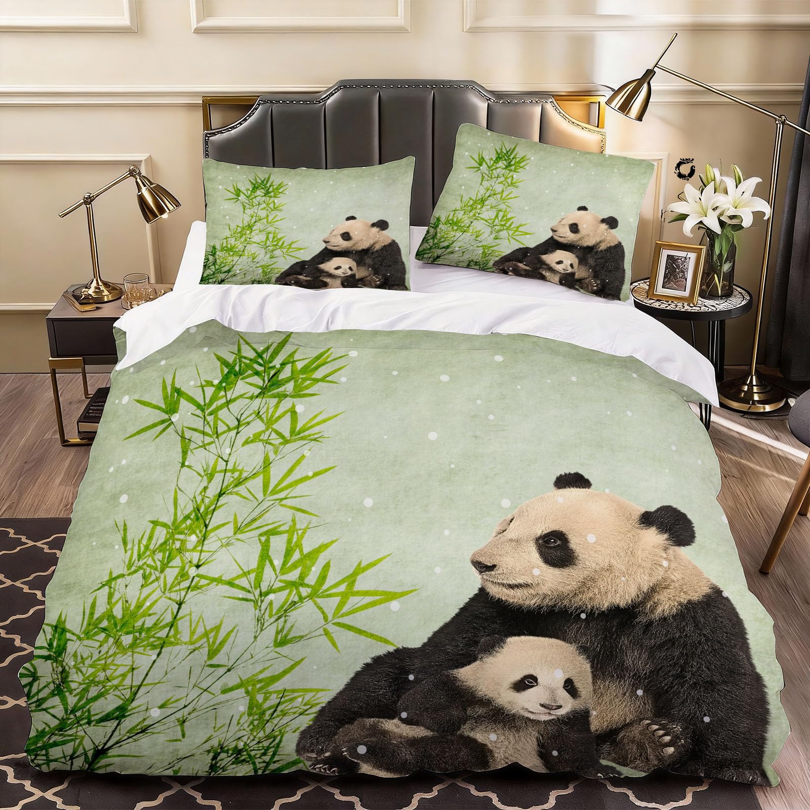 3D Panda Bear Duvet Cover Vibrant Wildlife Style Bedding Double Bed Set, Soft Microfiber Comforter Cover Printed with Zipper Closure Quilt Coverr 200x200 cm and 2 Pillowcases