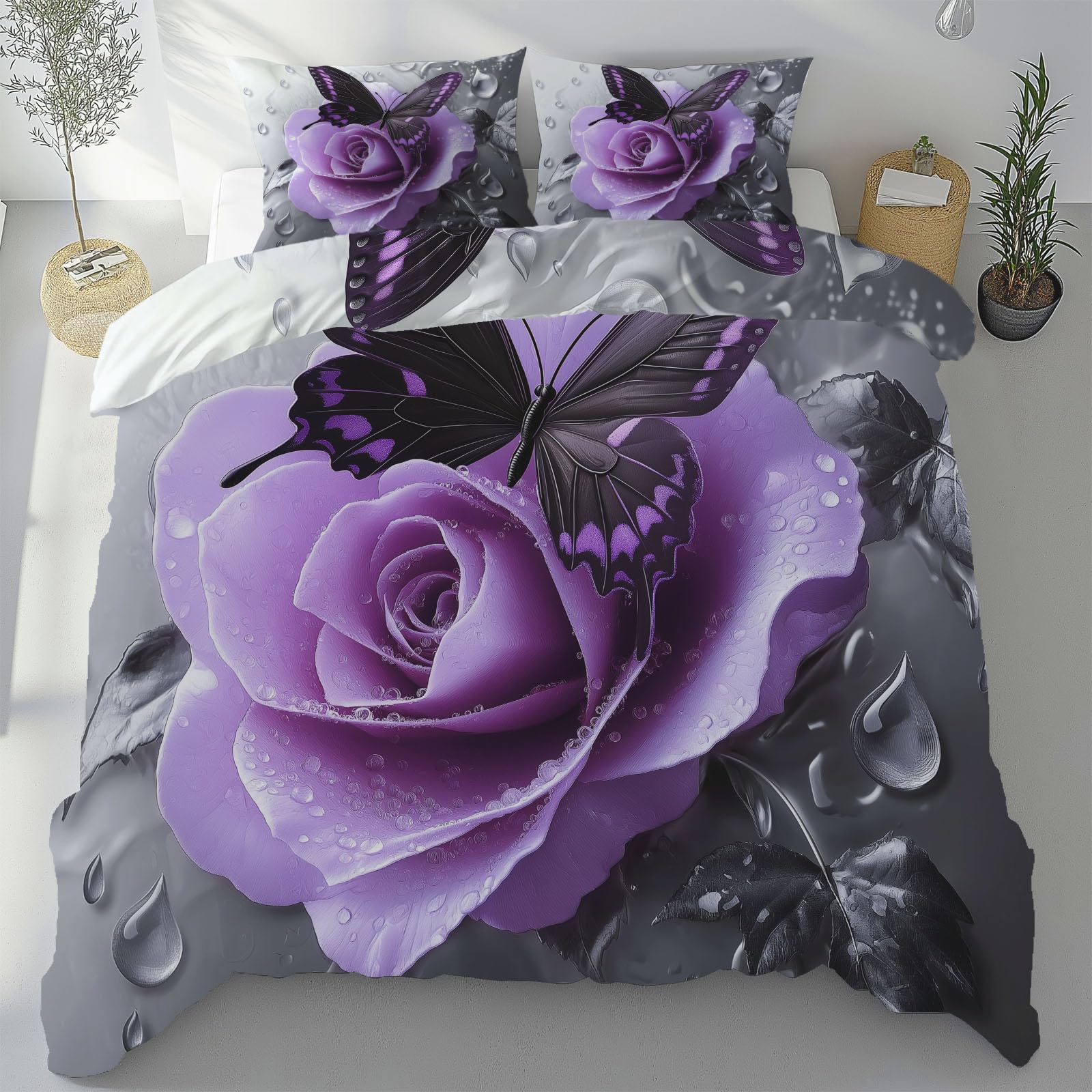Housse de Couette 240x260 cm Motif Floral Parure de Lit Adulte Zippée Microfibre
