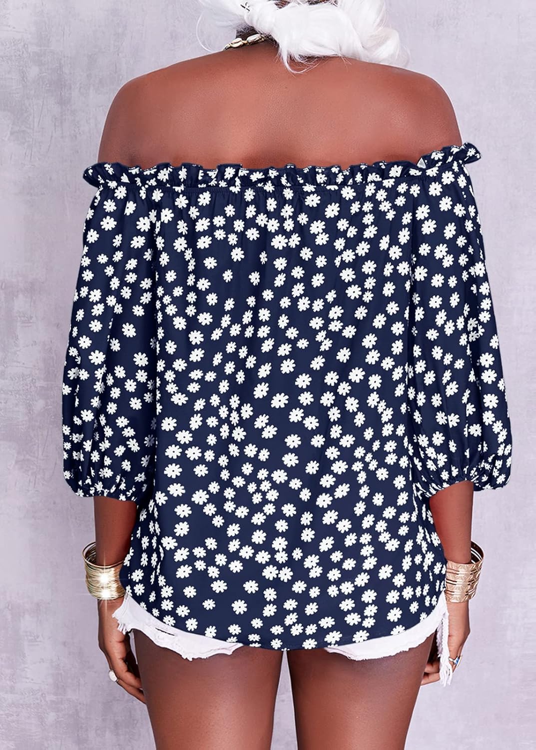 Teurkia Womens Summer Off Shoulder Blouse Floral Print 3/4 Sleeve Casual Chiffon Tops Shirts - Image 4