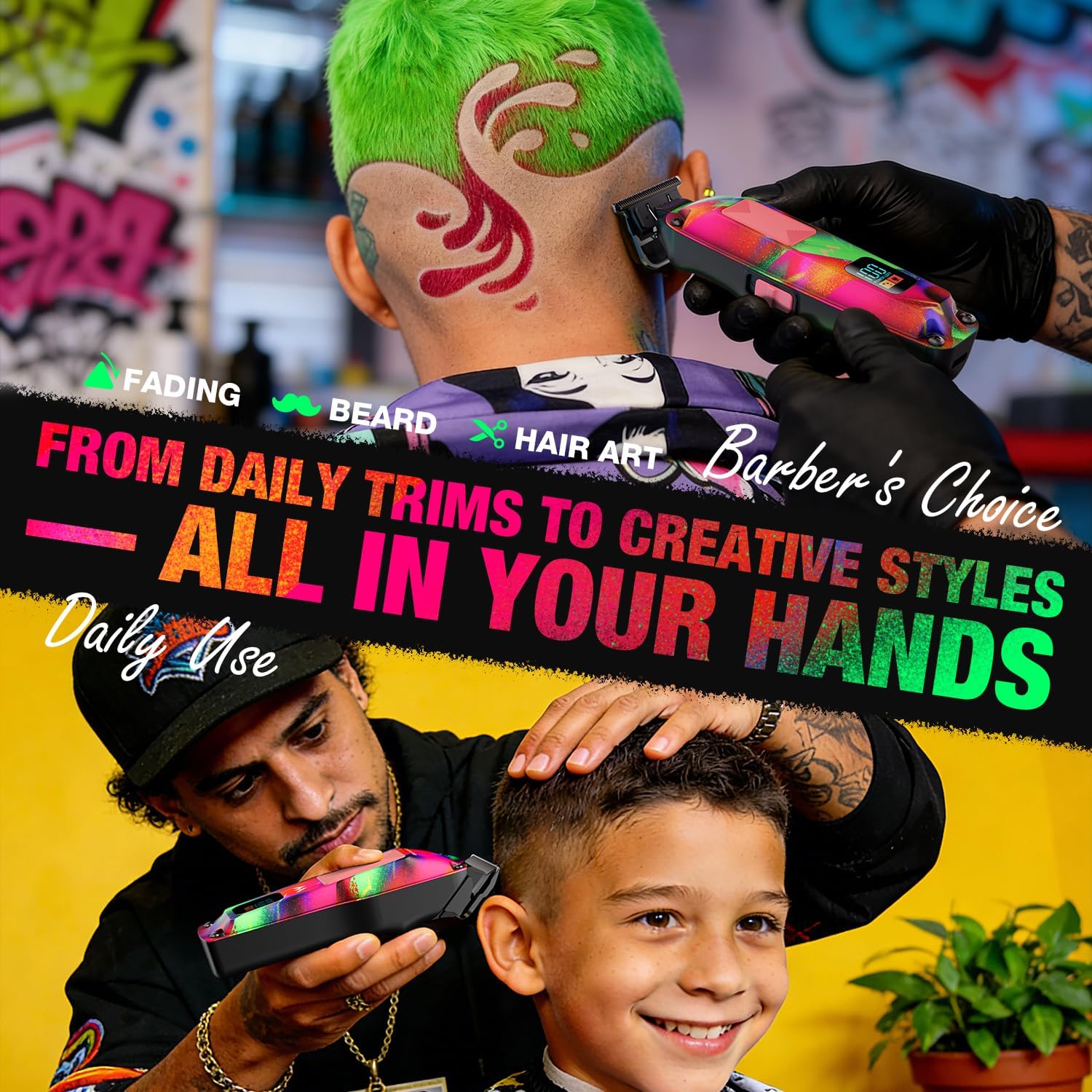 Mensure Professional Hair Clippers for Men, 7500RPM Metal Barber Clippers with Graffiti Design, Zero-Gapped Adjustable Blade, Cordless Clippers Kit with Color Guide Combs & Storage Bag - Image 3