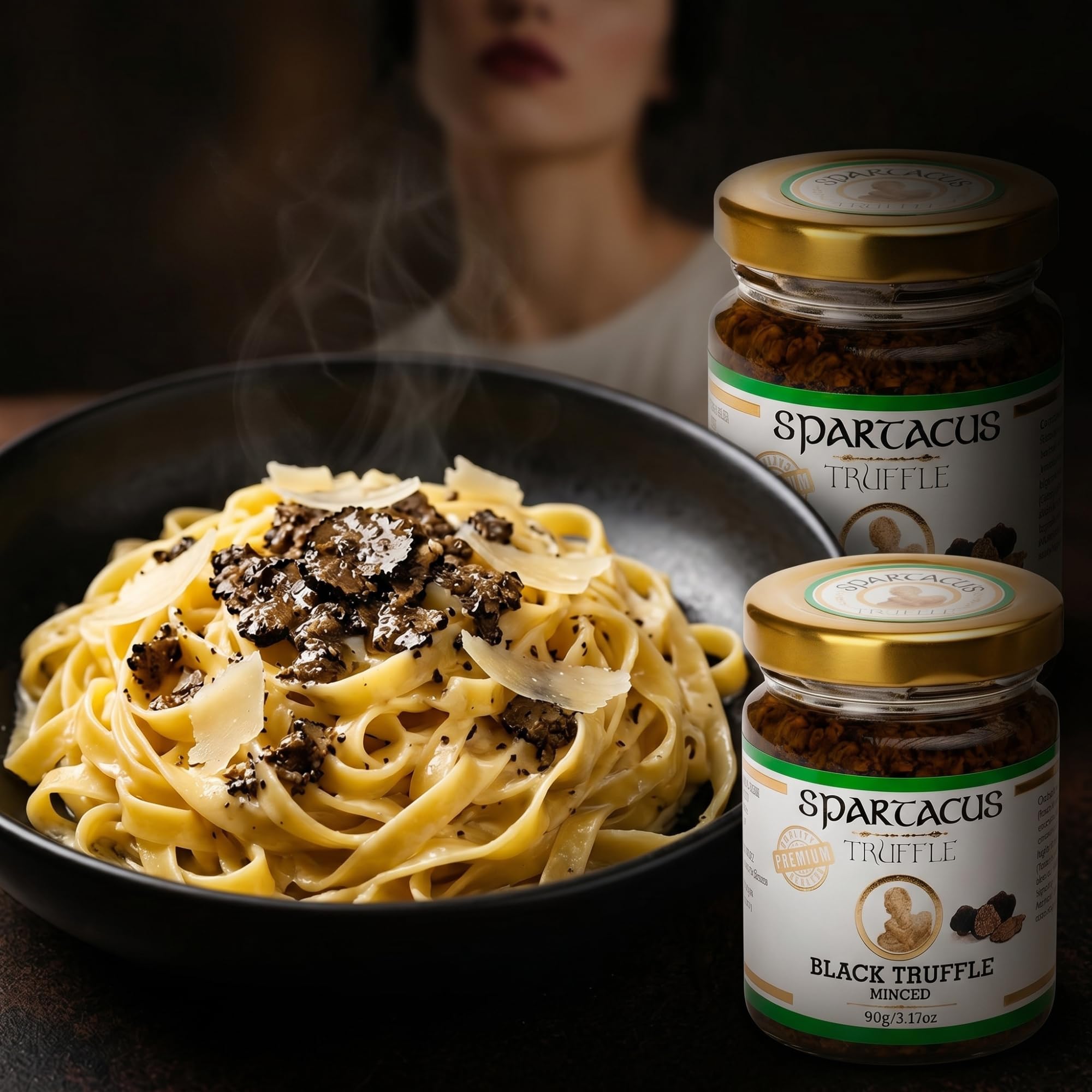 Spartacus Truffle Truffe Noire Hachée 90 g Gourmet Premium Bocal | Tuber aestivum récolté à la main, 3 ingrédients, sans additifs ni conservateurs, végétalien, sans gluten, 60-65 g de truffe