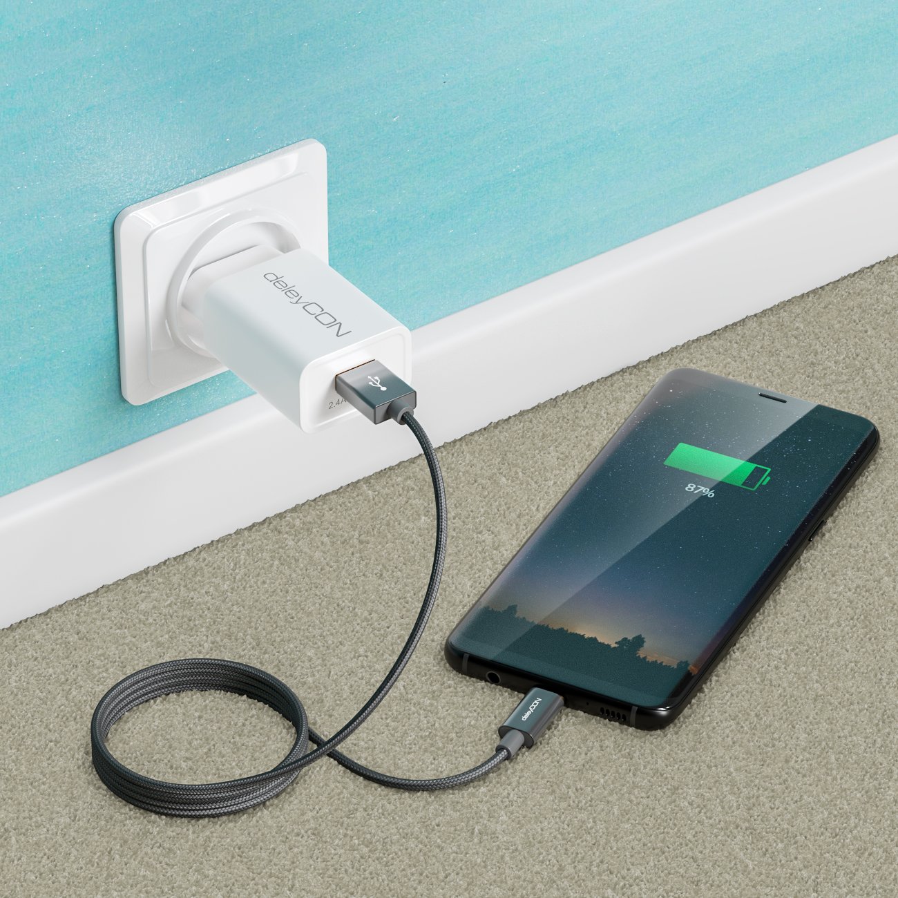 deleyCON 1m Cavo USB-C - Cavo di Ricarica Cavo Dati - Nylon + Spina in Metallo - Da USB C a USB A - Compatibile con Apple Samsung Google Huawei Xiaomi Tablet PC Laptop - Grigio