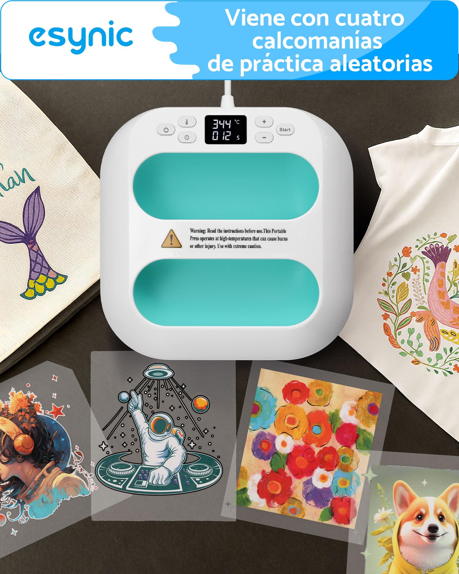 eSynic Prensa Térmica 9"x9", Prensa de Calor Portátil con Rápido Calentamiento a 205°C, Control Precisa de Temperatura y Apagado Automático, Incluye Base de Seguridad para Camisetas, Bolsas, Tazas,DIY