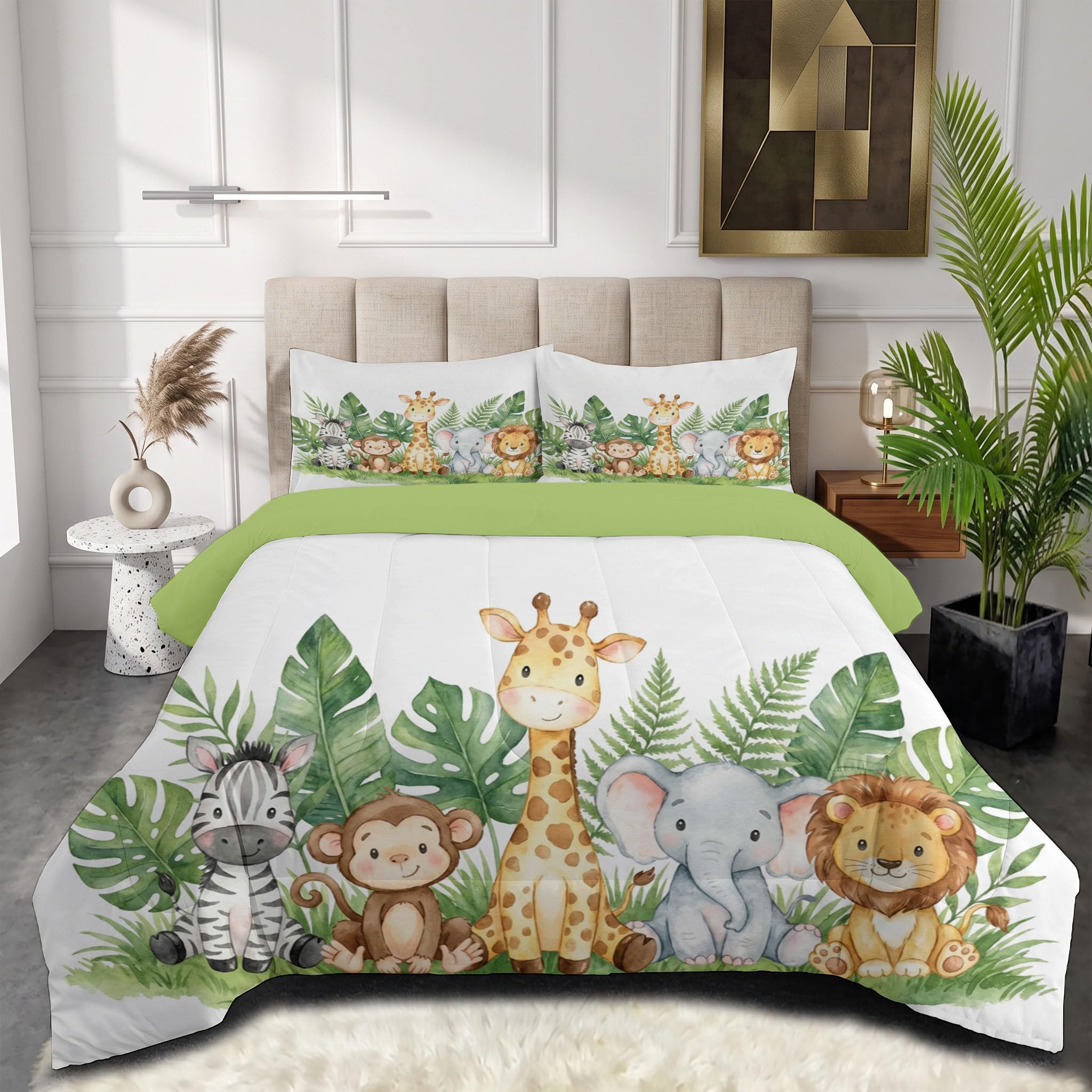 Piumone 2-In-1 Letto Matrimoniale 240X220 Cm Foresta Degli Animali Ad Acquerello | Trapunta E Piumino Reversibile 4 Stagioni, Giraffa Carina Leone, Copriletto Lavabile Morbido Leggero, Verde Salvia