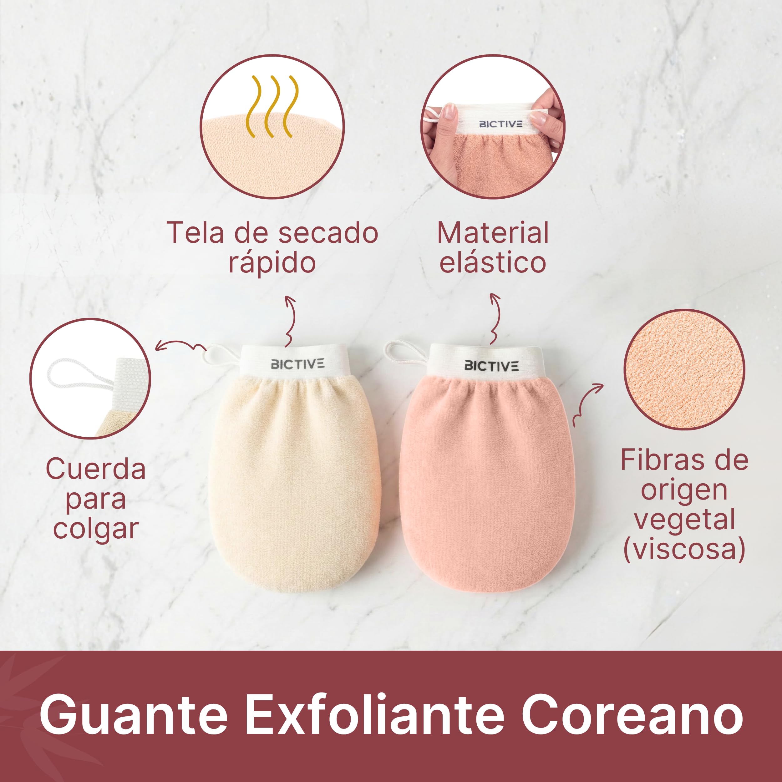 BICTIVE Set de 2 Guantes Exfoliantes Corporales para la Ducha Fabricados en Fibras de Origen Vegetal. Guante de Crin para Eliminar Piel Muerta. Manopla Kessa Hammam, Mejora la Apariencia de la Piel - 3