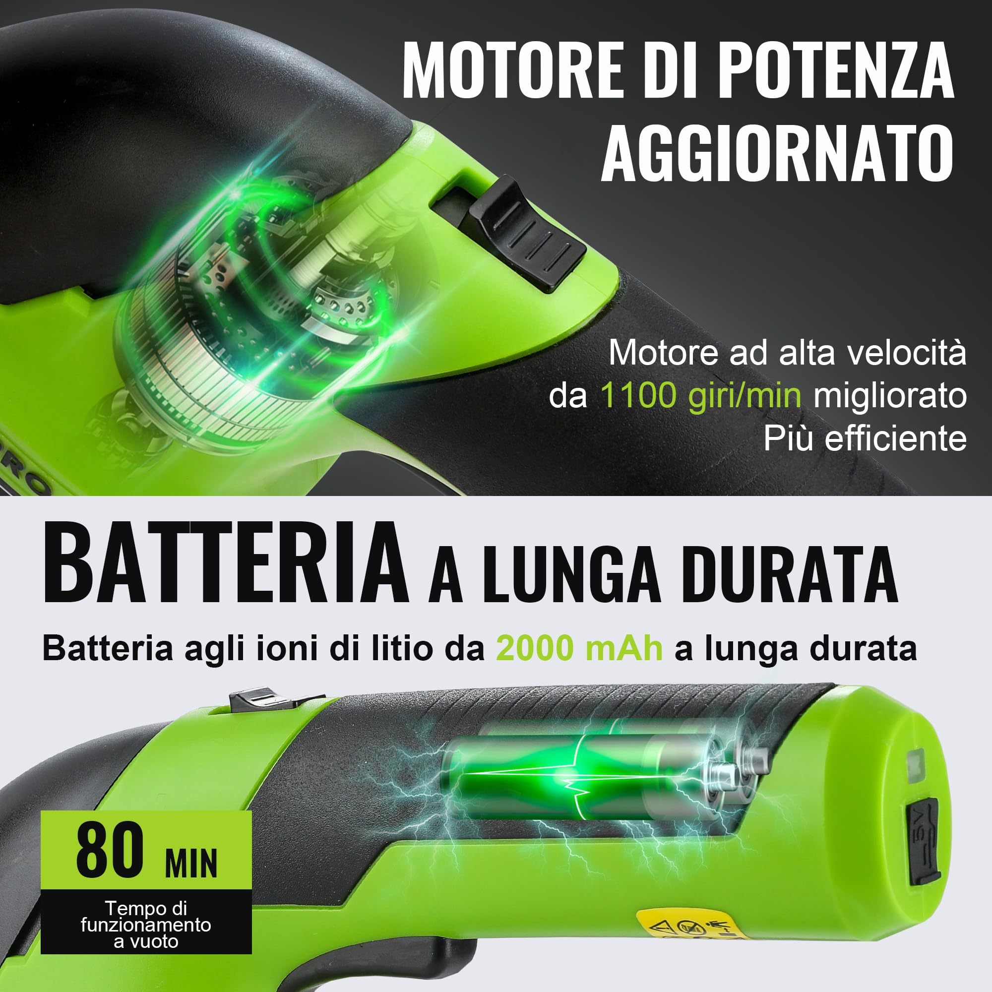 WORKPRO Forbici a Batteria 2 in 1, Cesoia Elettrica a Batteria al Litio 7,2V 2Ah, Larghezza di Taglio 100mm, Lunghezza di Taglio 150mm, Adatto al Giardino (Verde)