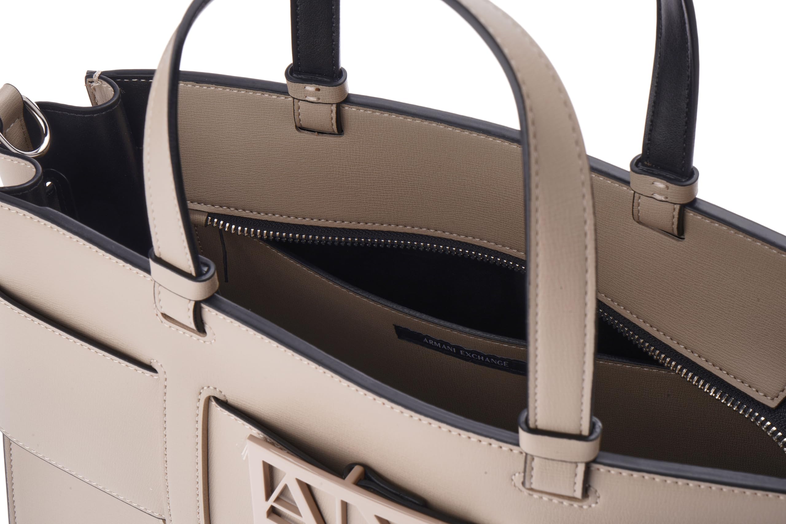 Armani Exchange Susy, Monogram Classic, Metal Logo, Shoulder Strap, Shopping Bag Donna, Sabbia