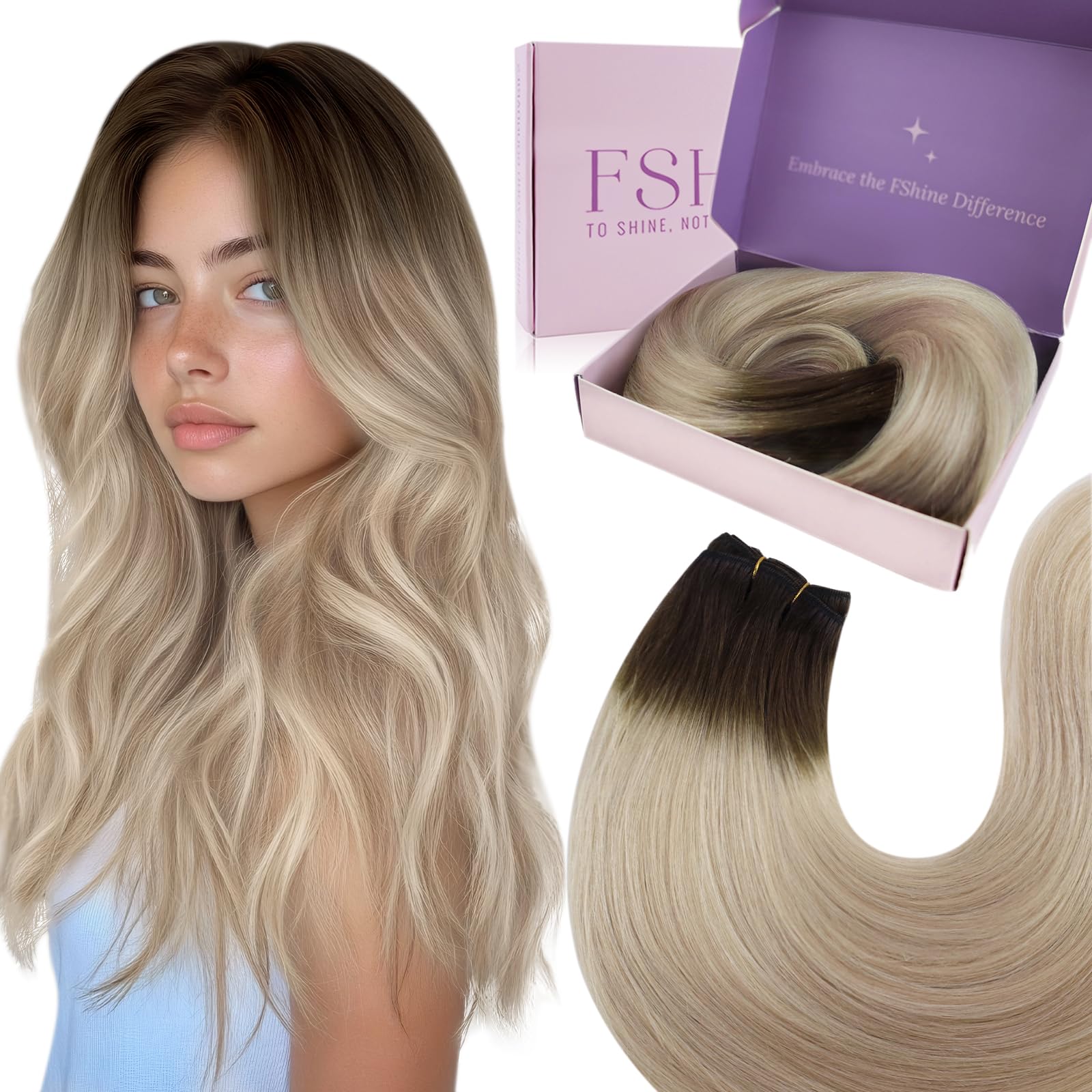 Fshine Extension Tessitura Capelli Veri Castano Scuro Misto A Biondo Cenere Biondo Platino Weft Real Hair Extensions 35cm 100g Extension Matassa Capelli Veri #2/18/60