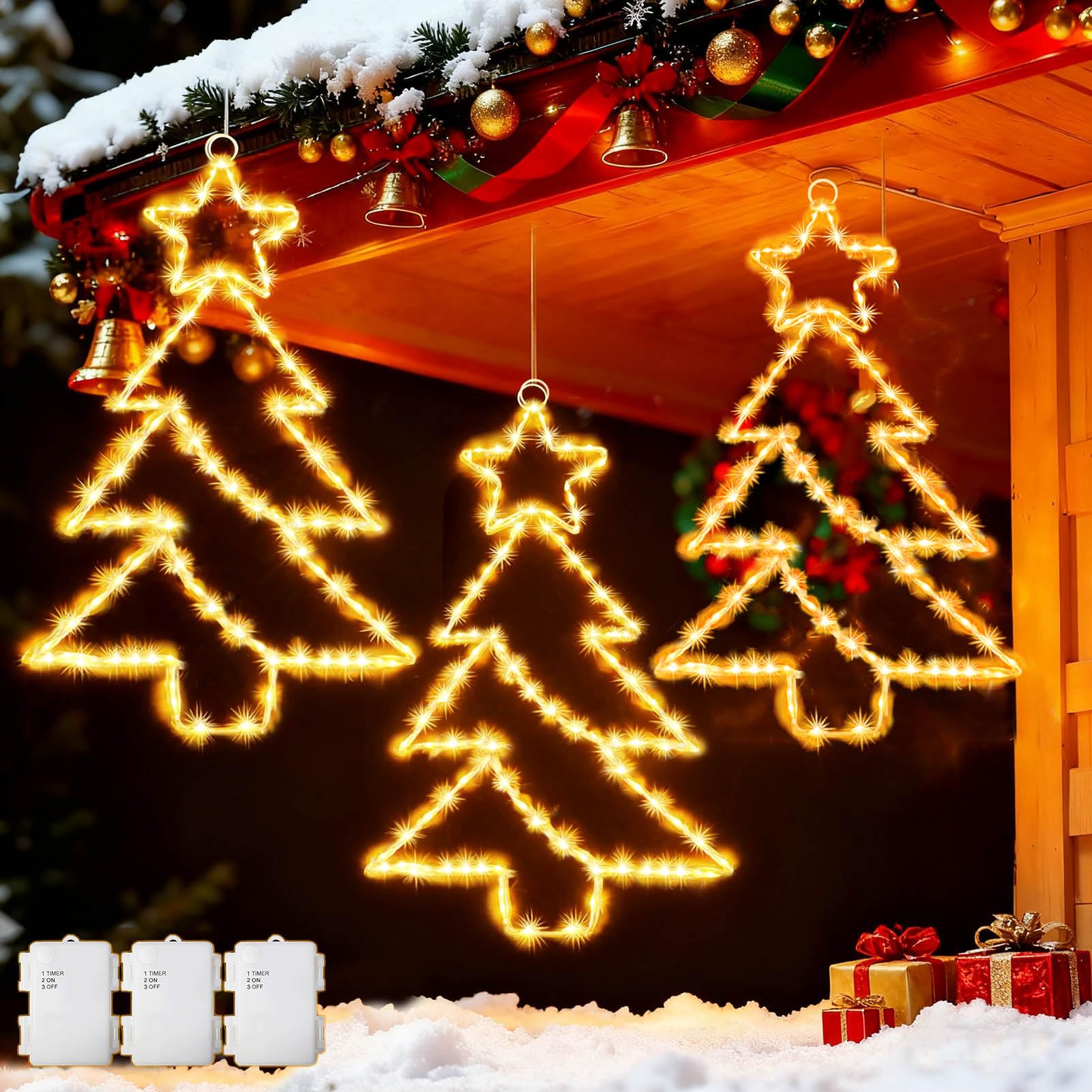 Dekofun Christmas Window Lights 3 Pack 55 LED Hanging Large Metal Christmas Decorations Battery Operated with Timer, Xmas Tree Window Light Waterproof Star Light for Xmas Indoor Outdoor Decorations