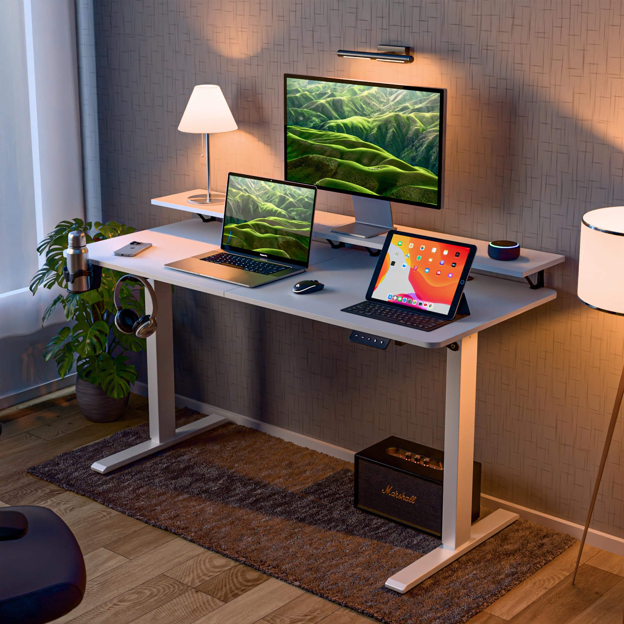 Green Soul Elevate Height Adjustable Table with Monitor Riser | Integrated Organisation | Advance Memory Preset | 3 Year Warranty | Engineered Wood| Installation Provided (White, 1400 x 600 Top)
