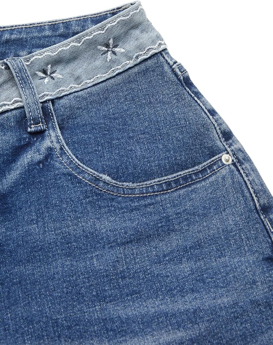 Straight Leg Jeans for Women Trandy Low Rise Embroidered Stretch Wash Baggy Boyfriend Denim Jeans - Image 7