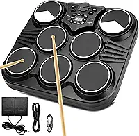 Kit de Bateria Digital Eletrônica de Mesa Com 7 Pads E Pedais de Bateria Sensíveis Ao Toque, Saídas USB E para Fone de Ouvido, Entrada MIDI/AUX E Dois Alto-Falantes Integrados
