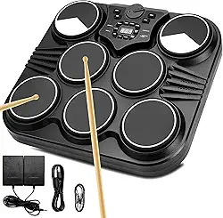 Kit de Bateria Digital Eletrônica de Mesa Com 7 Pads E Pedais de Bateria Sensíveis Ao Toque, Saídas USB E para Fone de Ouvido, Entrada MIDI/AUX E Dois Alto-Falantes Integrados