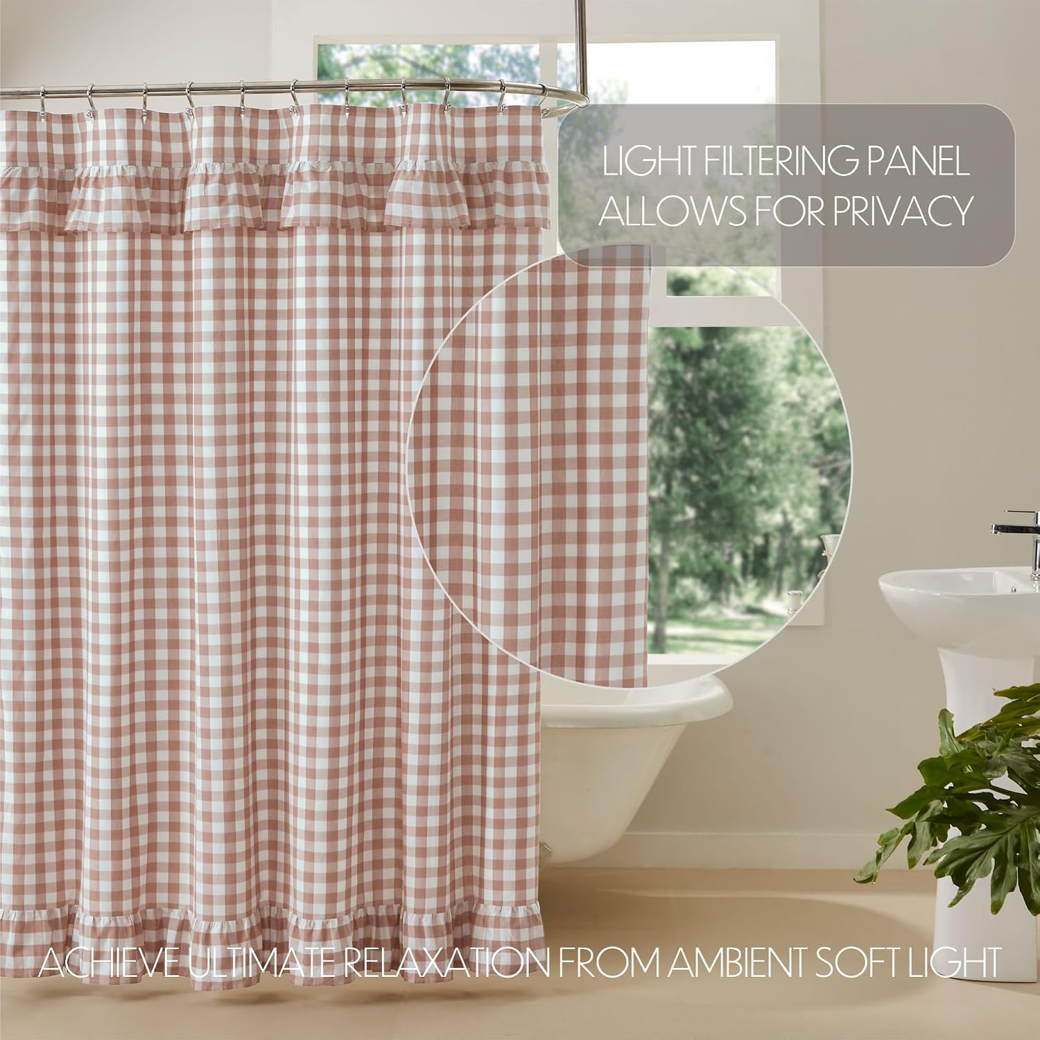 VHC Brands Annie Portabella Buffalo Check Ruffled Farmhouse Shower Curtain 72x72