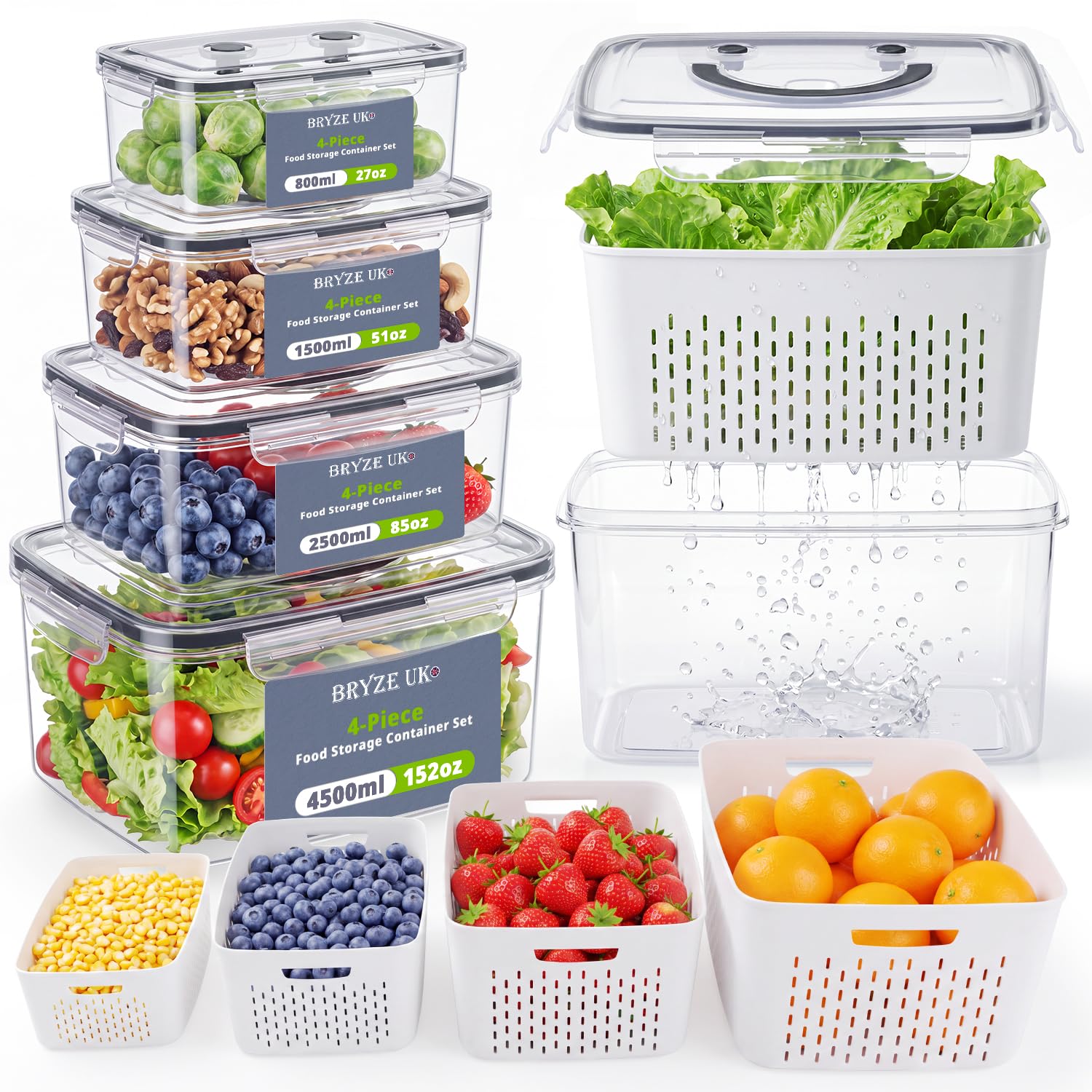 Bryze 4 Pack Fresh Food Storage Containers with Lids Airtight, Fridge Containers Organisers with Handle and Double Vent Design, Microwave Dishwasher Safe, Keep Fruits Veggie Food Berries Fresh