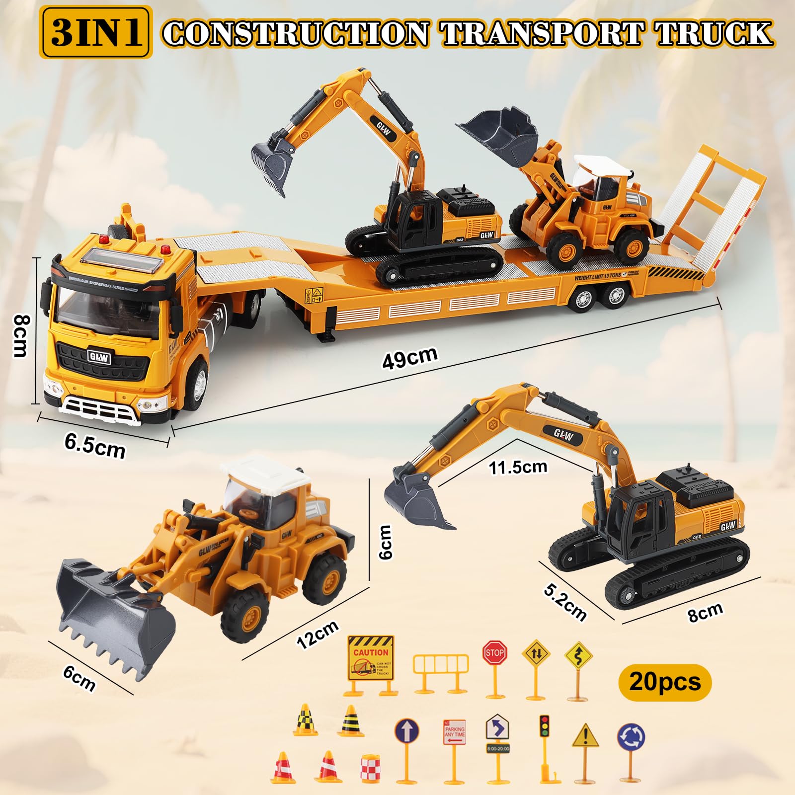 UCAMP Camion Transportador Coche de Juguete con Luces y Sonidos para Niños 3 4 5 6 7 Años, 1:40 Juguete Vehículos de Construcción con Excavadora Bulldozer, Juguetes Regalo de Cumpleaños Navidad