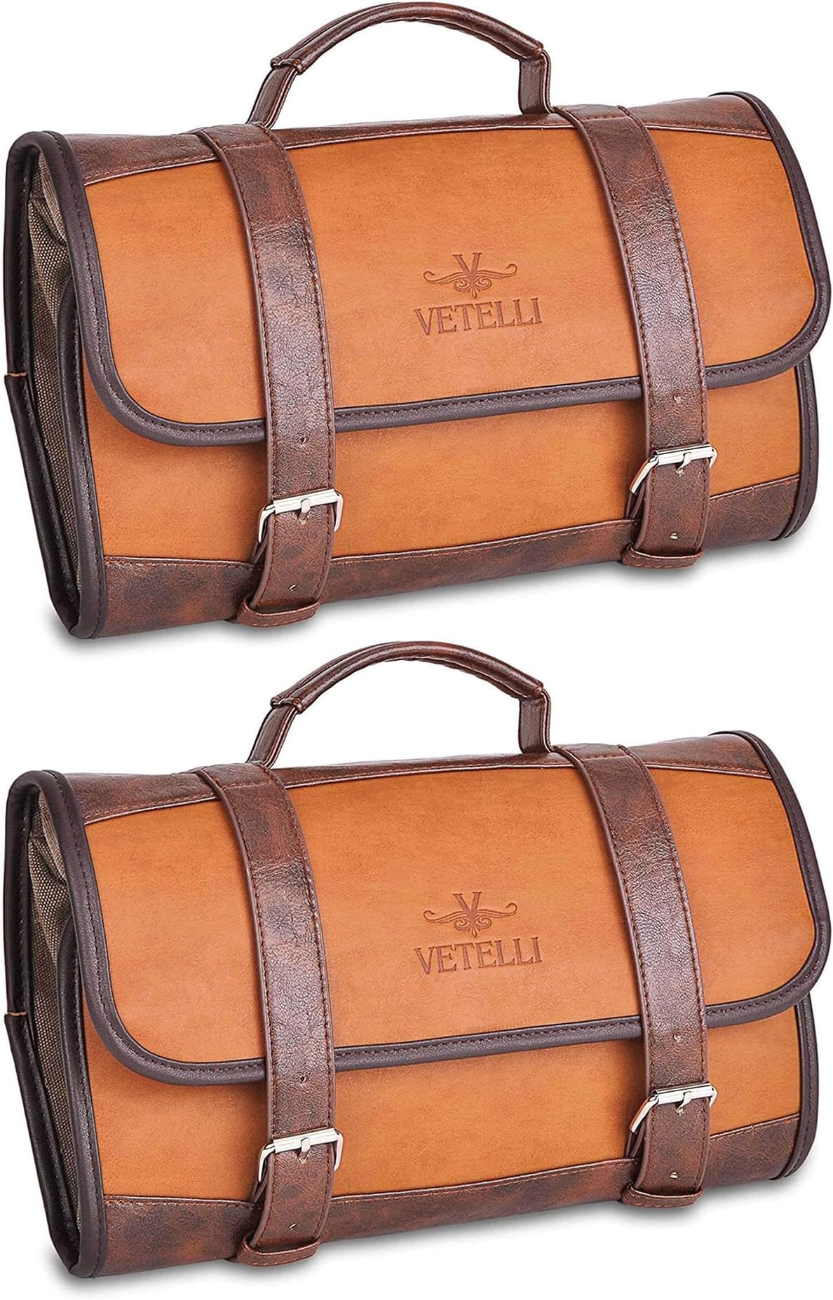 Vetelli Foldable Hanging Leather Travel Toiletry Bag with 2 Zippered Internal Pockets, 2 Snap-Fastened Internal Pockets, and Hanging Hook (2 Pack)