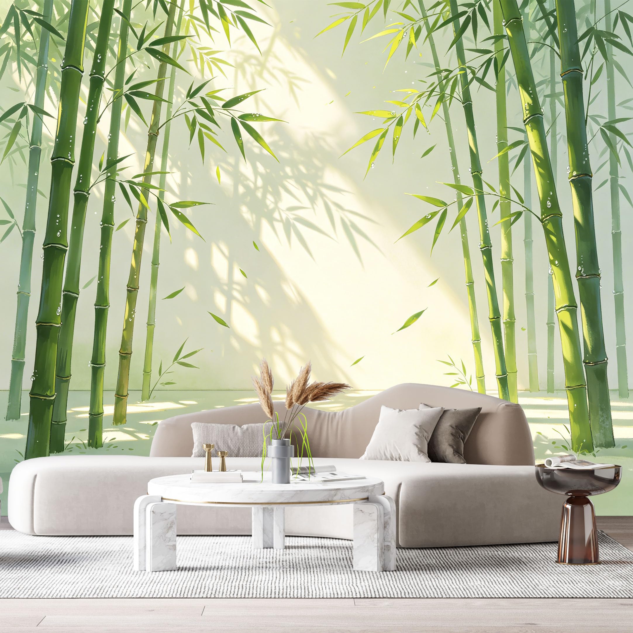 Custom Size Wall Murals Bamboo Forest Botanical Watercolor Green Leaves Sunlight Shadows SelfAdhesive Wall Fabric Removable Large Wallpaper for Photo Living Room