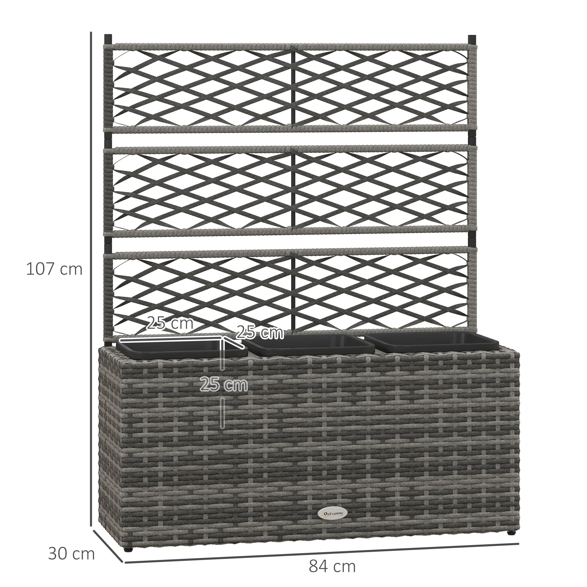 Outsunny Pflanzkübel mit Rankgitter 3 Töpfe, Pflanzgefäß, 33 l, Garten, Balkon, Terrasse, Außenbereich, aus Polyrattan und Stahl, 84 x 30 x 107 cm, Grau/Schwarz