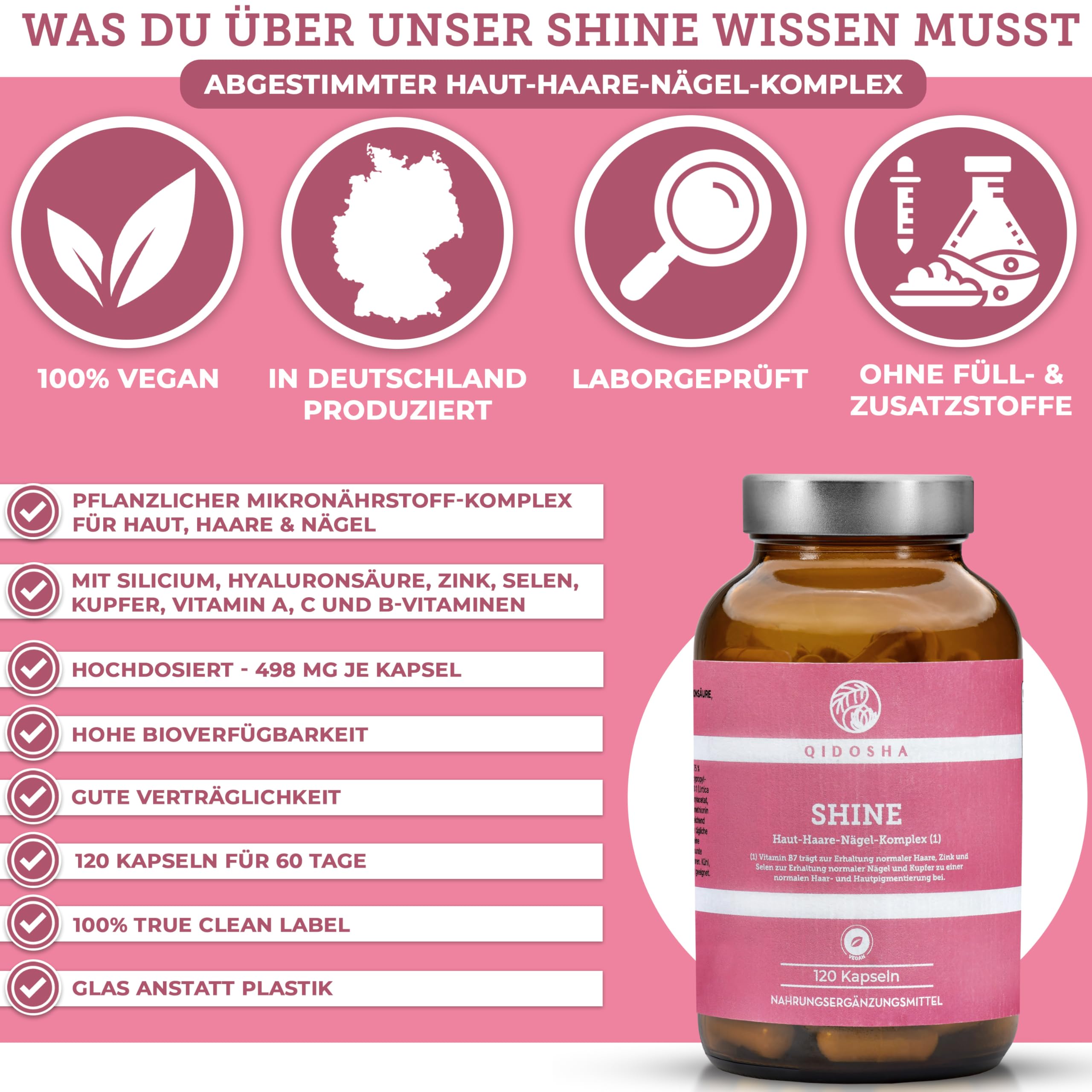 QIDOSHA® SHINE Haut, Haare & Nägel Komplex, 120 Kapseln im Apothekerglas, Silizium-Komplex mit Silicium, Hyaluronsäure, Zink, Selen, Kupfer & Vitaminen, deutsche Fertigung, Haut Haare Nägel Kapseln