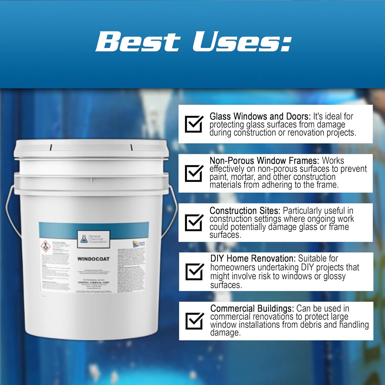 Windocoat 4880 - Peelable Coating with Blue Tint - Temporary Protective Liquid Masking Film - Water Resistant - for Windows, Floors, and Non-Porous Surfaces - 5 Gallon Pail