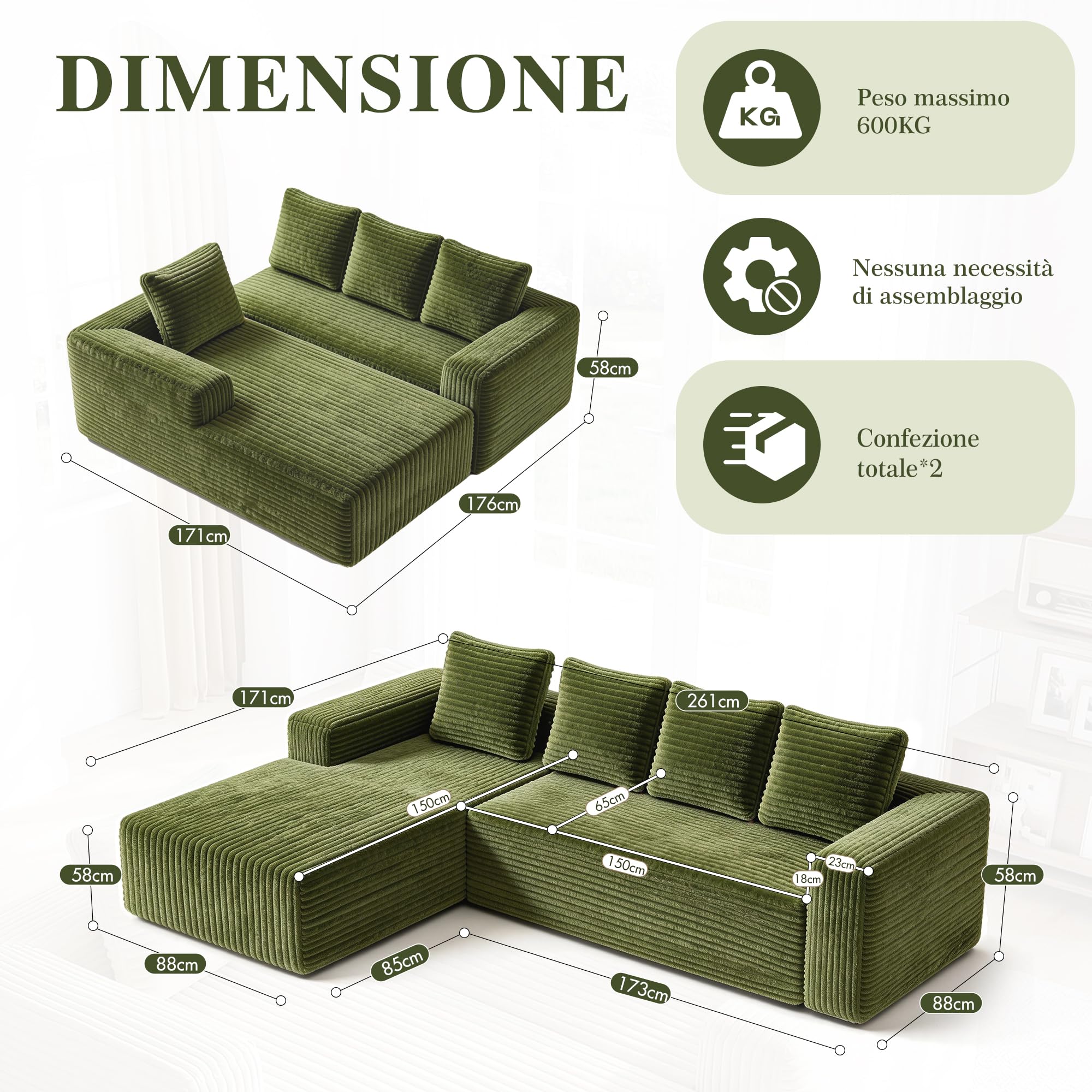 Canapé d'angle 261x145cm en Velours Côtelé - Mousse à Mémoire et Haute Résilience - Confort Orthopédique et Respirant - Canapé d'accueil Moderne Vert pour Salon