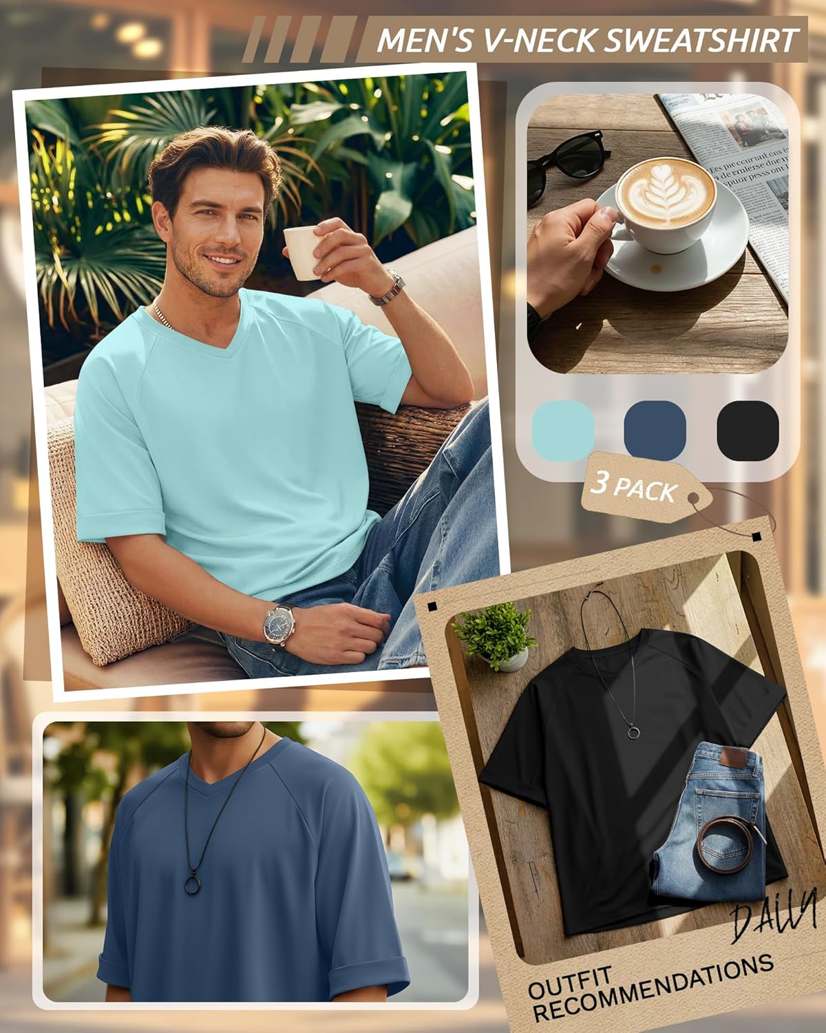 3 Pack Men's Oversized V Neck T-Shirts Loose Fit Short Rolled Sleeve Casual Tops Raglan Baggy Workout Basic Tees - Image 2