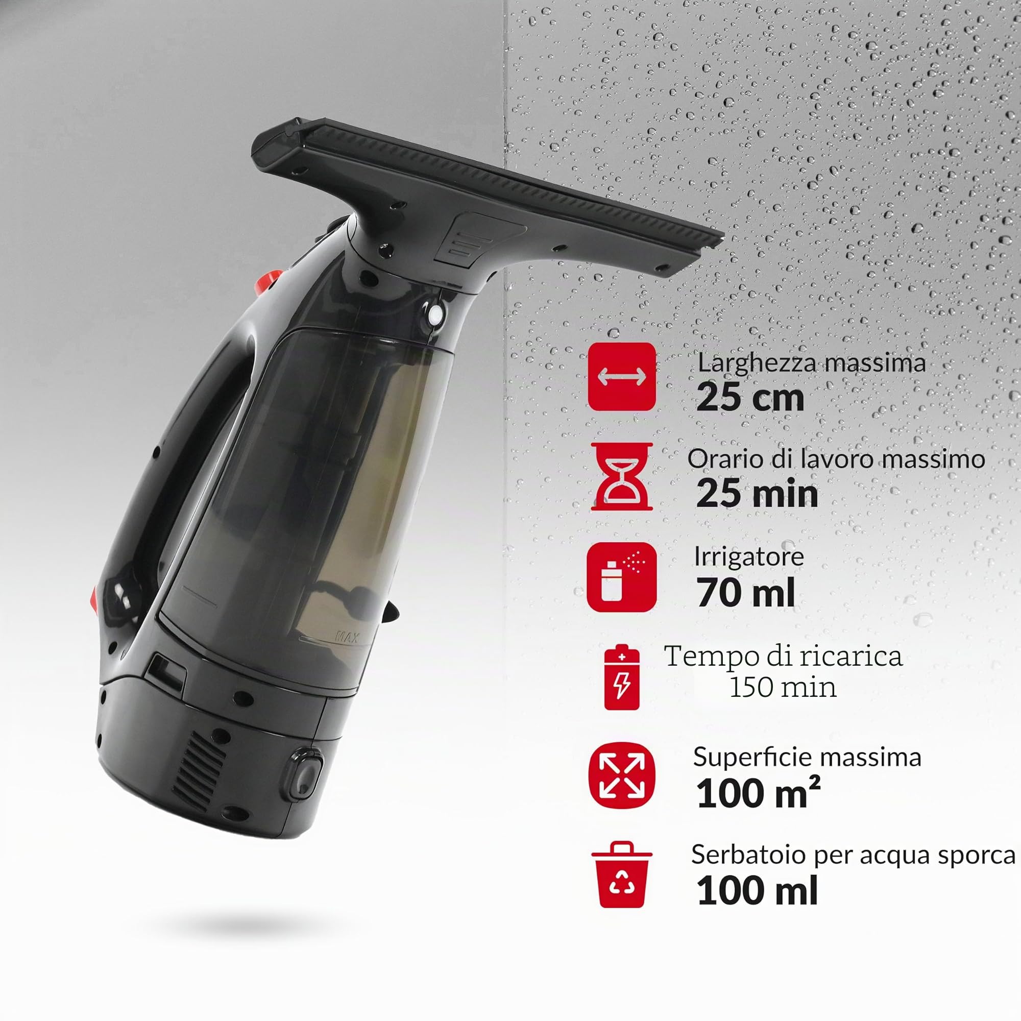 LEHMANN Lavavetri Elettrico con Gomma Extra Sostituibile, Aspiragocce a Batteria 25 cm, Pulisci Vetri con Spray Integrato, Lancia Telescopica & Panno in Microfibra