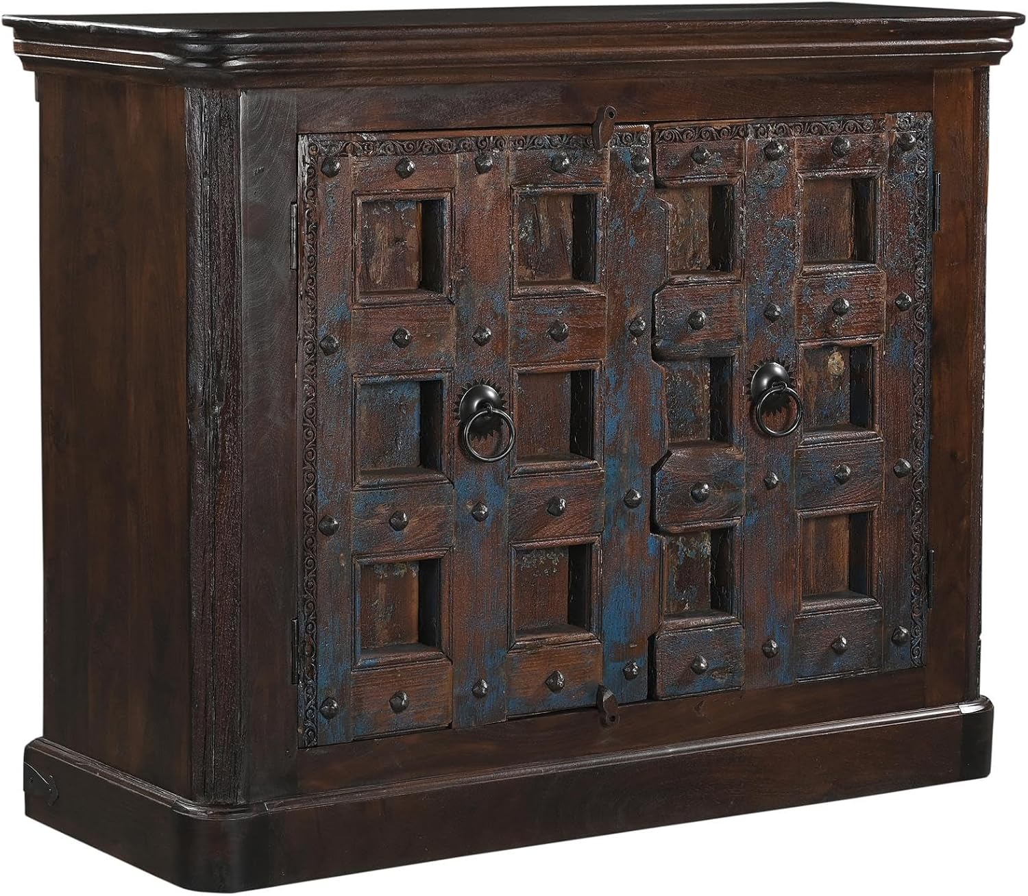 Dark Brown Carved Lattice 2-Door Solid Wood Sideboard Storage Cabinet