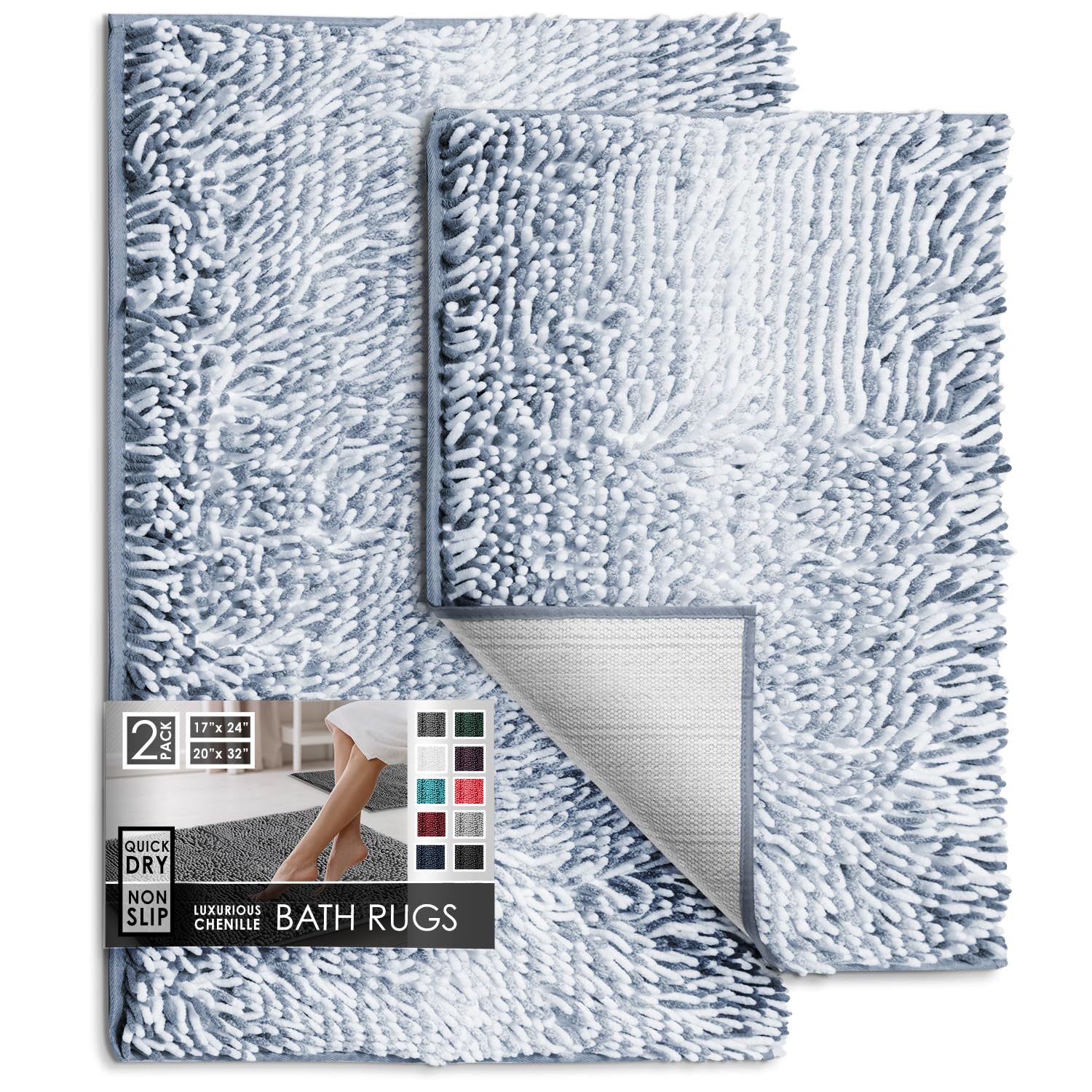 Hearth & Harbor Bathroom Rugs, Chenille Bath Mat - Machine Washable Bath Mats for Bathroom Non-Slip Backing Rubber, Quick Dry Bathroom Mat, 17 x 24 + 20 x 32 - Ombre Blue