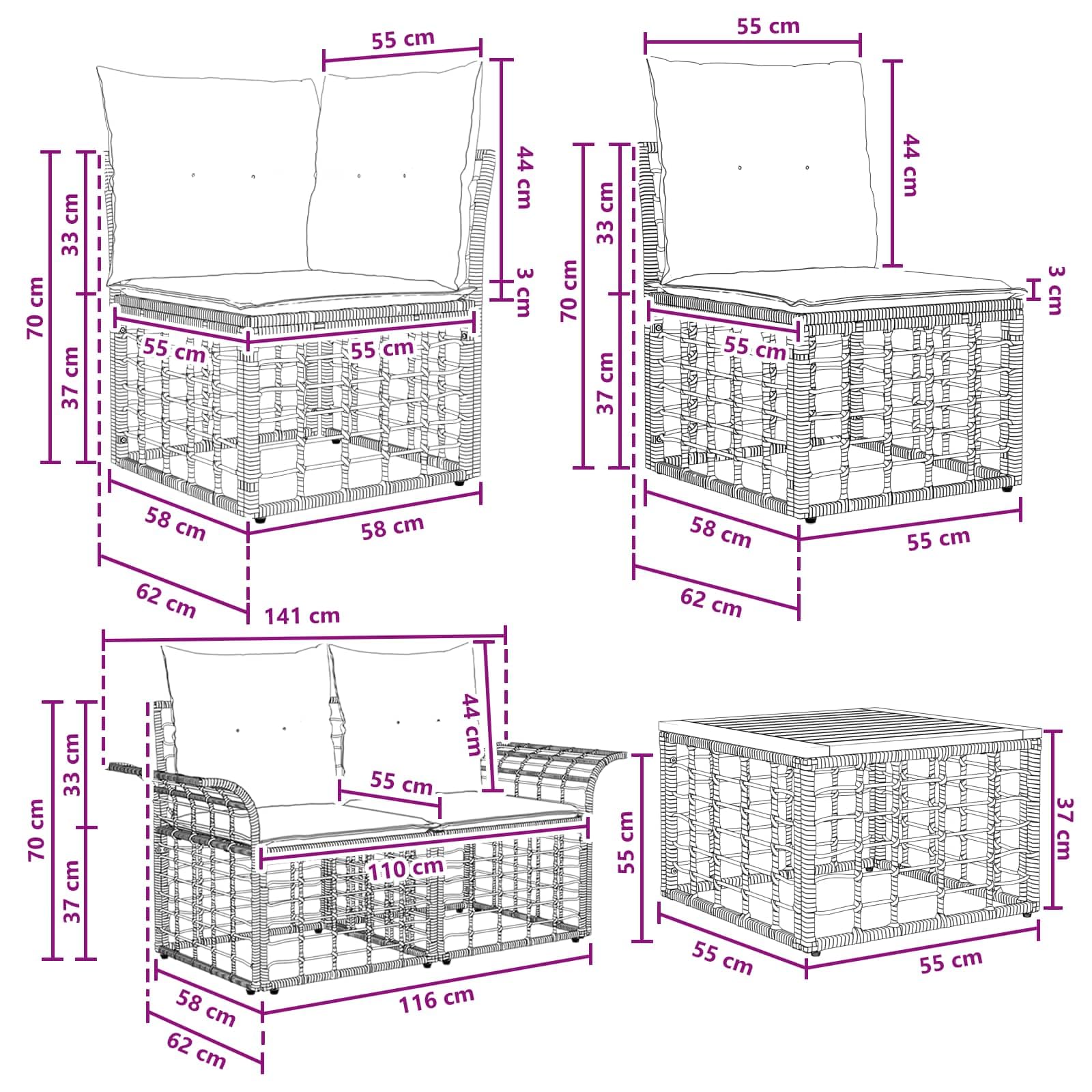 Set di divani da giardino in polyrattan, 12 pezzi, colore bianco crema naturale | Gruppo lounge modulare con tavolo in legno di acacia e cuscini per giardino e terrazza. Regolabile in modo flessibile.