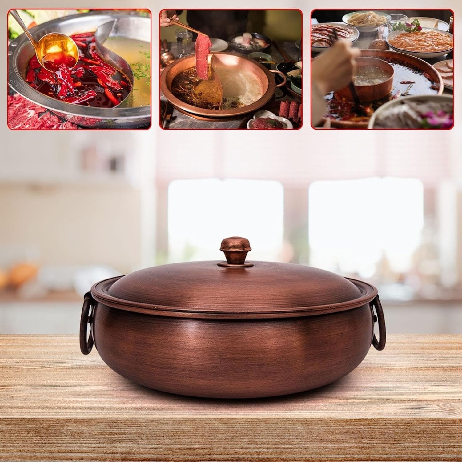 Pentola Rame per Hot Pot Chafing Dish Zuppa Bollente per Festa Regalo Cucina, 30cm, 30cm