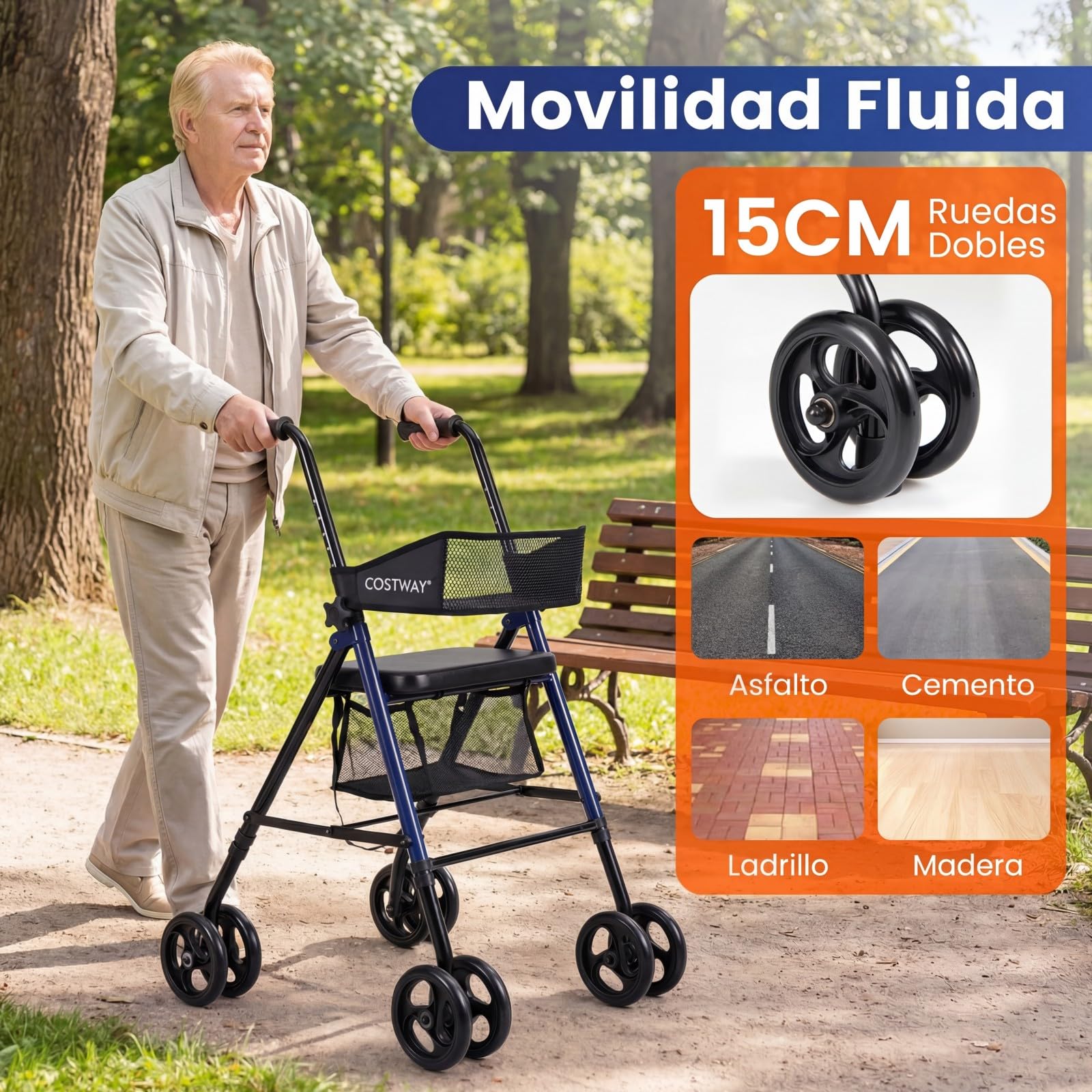 COSTWAY Andador para Ancianos Plegable, Andadores Adultos con Asiento, Asas Ajustables de 8 Niveles, Respaldo de Malla y Bolsa de Almacenamiento, Caminadores para Mayores con 4 Ruedas y Mangos