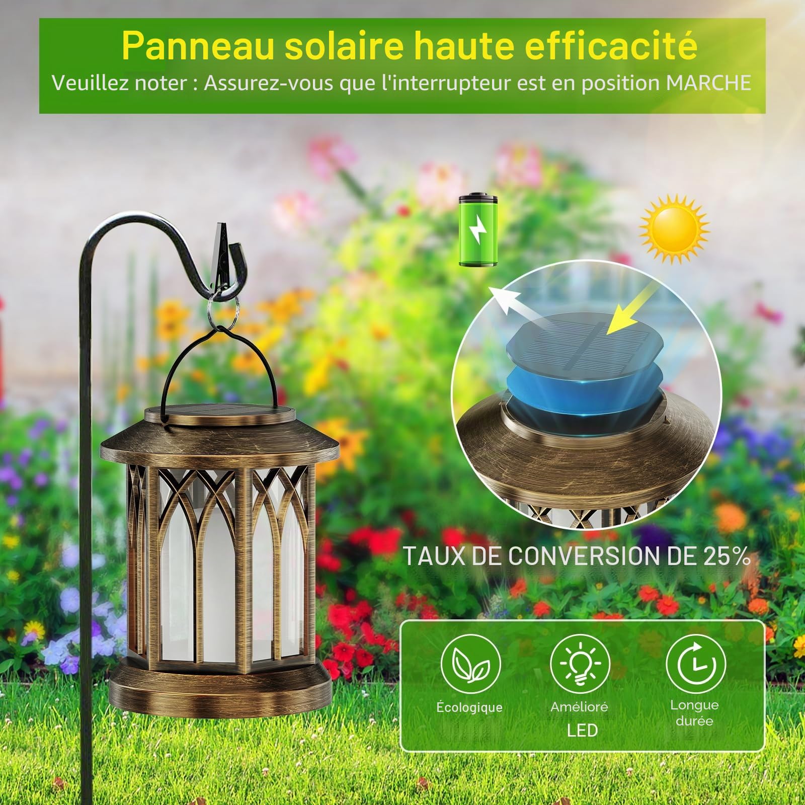 GEARLITE Lanternes solaires pour l'extérieur, lampes solaires pour l'extérieur à suspendre | Lot de 4 lampes solaires LED pour extérieur avec clips, étanchéité IP65, décoration de jardin pour jardin, balcon, bonze