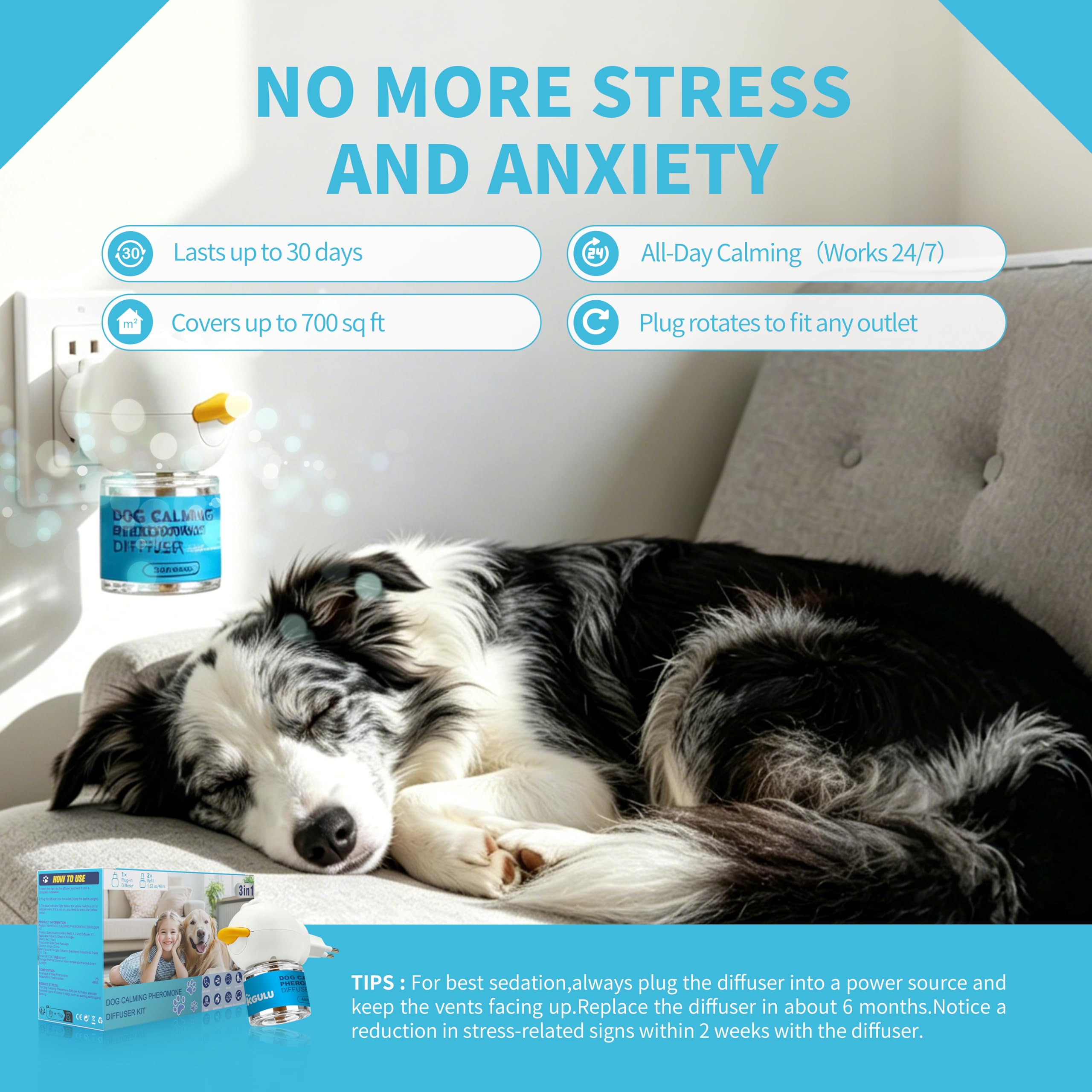 Diffuseur de Phéromones Apaisant pour Chien, Kit 1 Diffuseur + 2 Recharges 48ML, Anti-Stress et Anti-Anxiété, Réduit Aboiements et Comportements Destructeurs, Effet Continu Jusqu’à 60 Jours, Couvertur